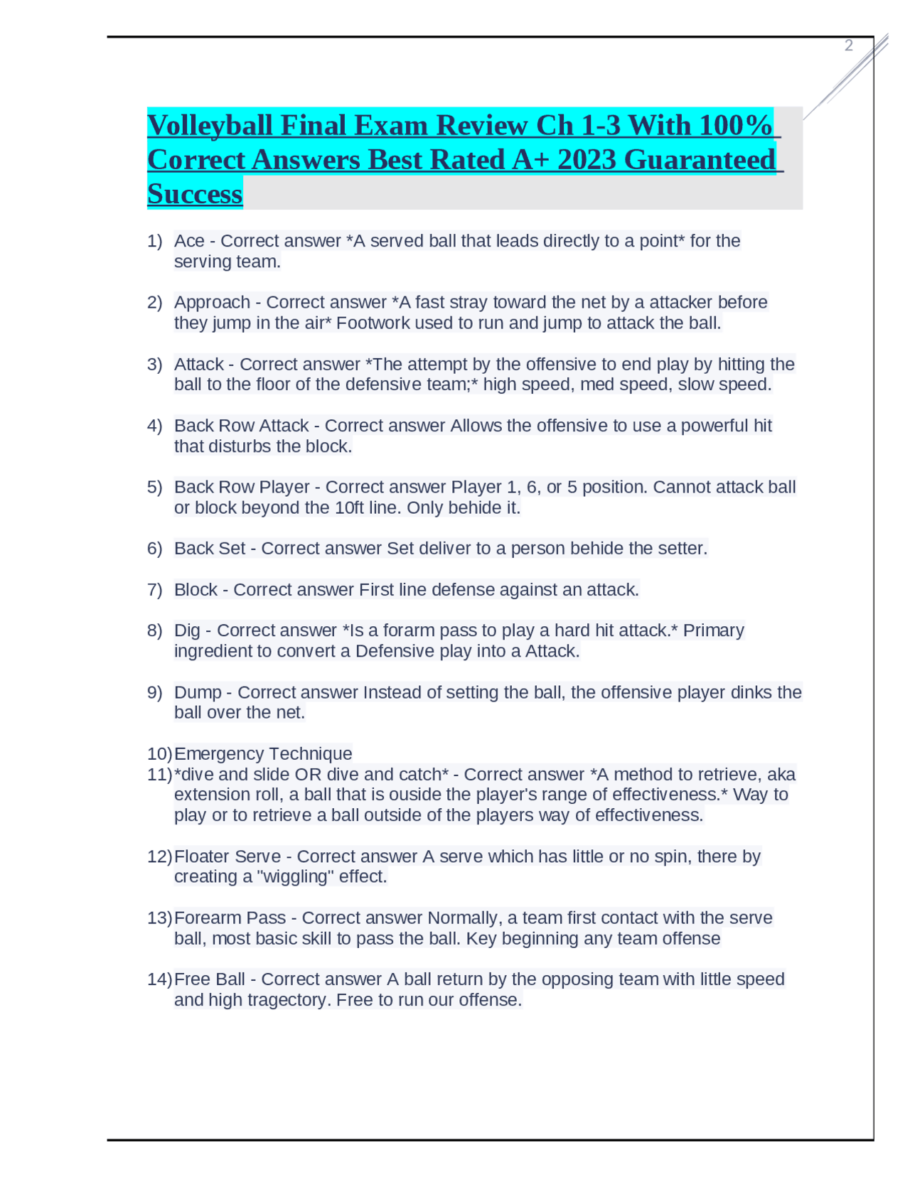Volleyball Final Exam Review Ch 13 With 100 Correct Answers Best