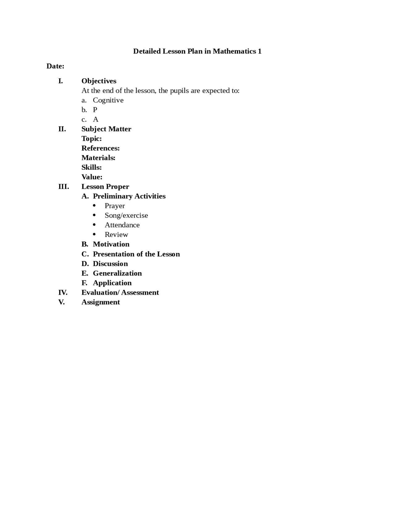 Sample template of lesson plan | Summaries Mathematics | Docsity