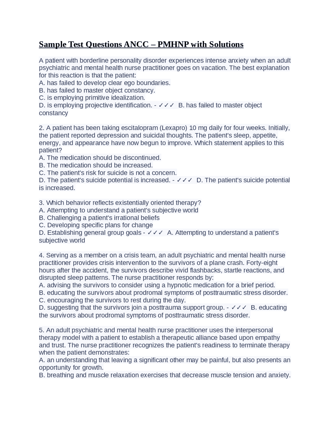 Sample Testt Question Sample Test Questions ANCC – PMHNP with Solutions | Exams Nursing | Docsity