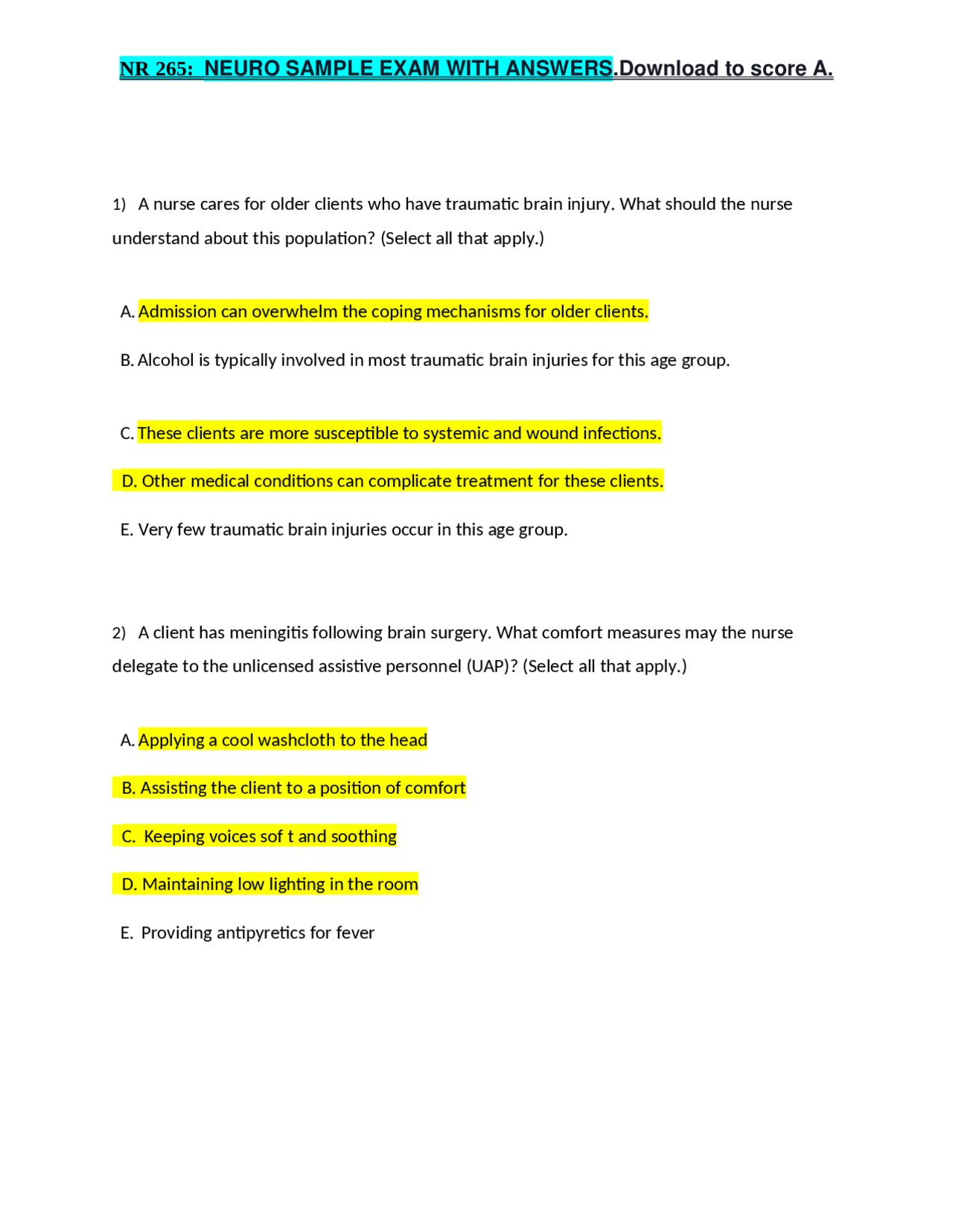 NR 265: NEURO SAMPLE EXAM WITH ANSWERS.Download to score A. | Exams ...