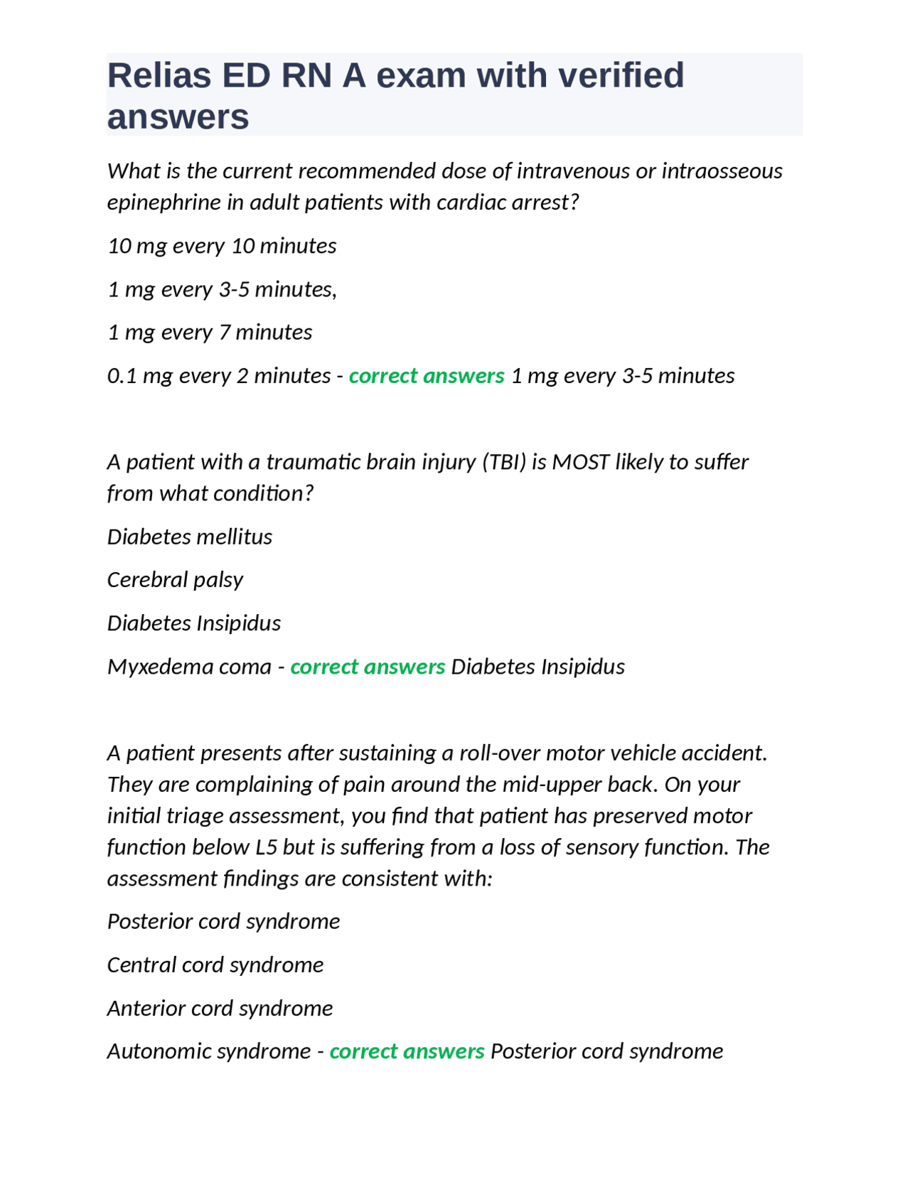 Relias ED RN A exam with verified answers | Exams Nursing | Docsity