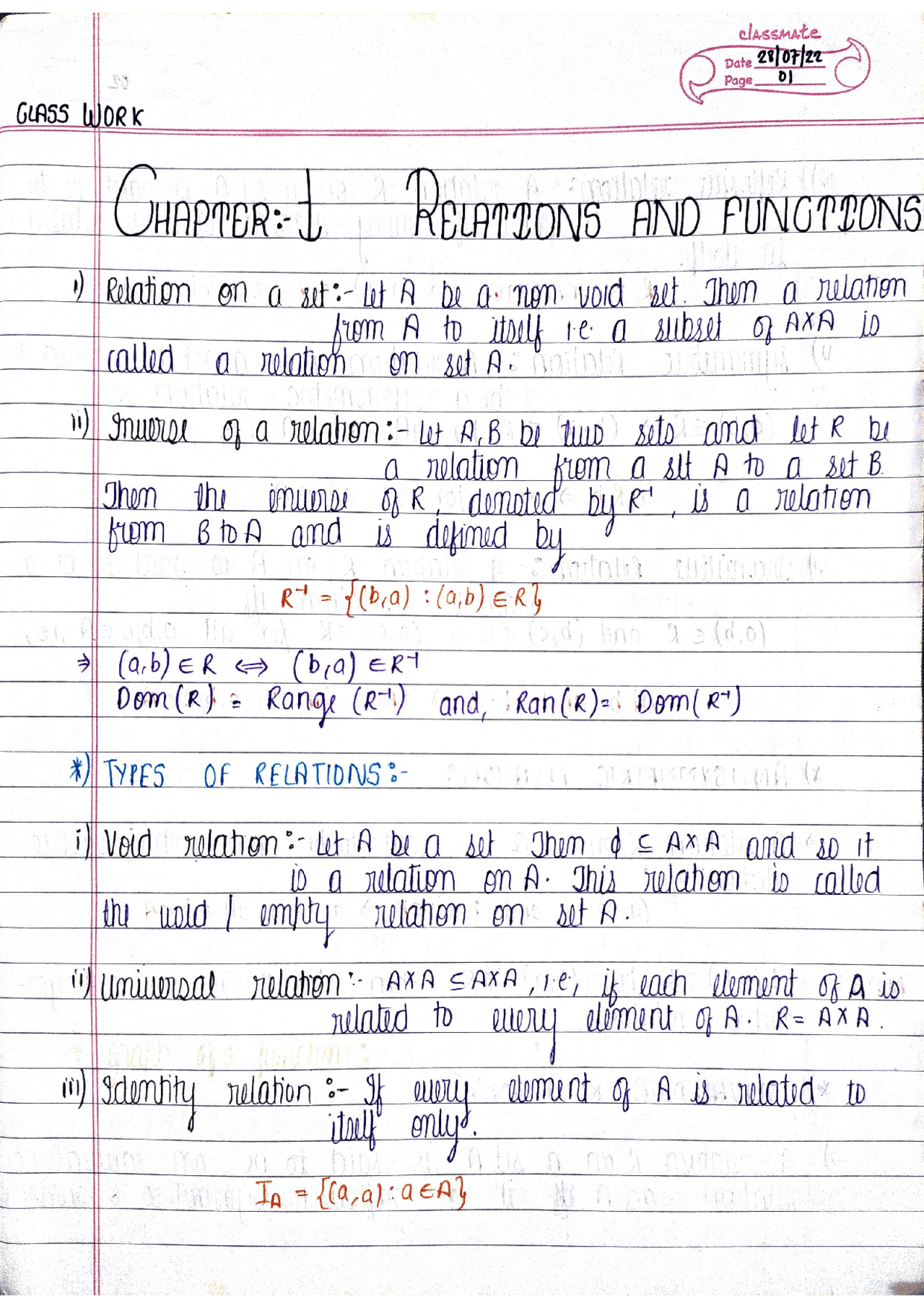 CLASS 12TH RELATION AND FUNCTIONS HANDWRITTEN NOTES | Summaries ...