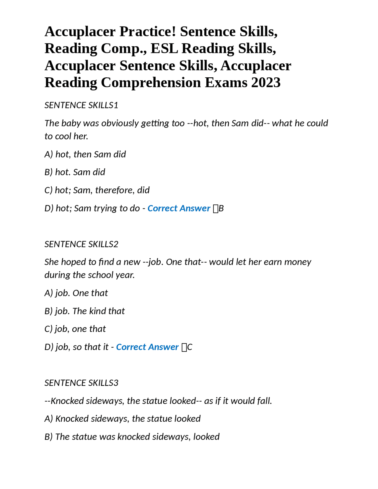 Accuplacer Practice! Sentence Skills, Reading Comp., ESL Reading Skills ...