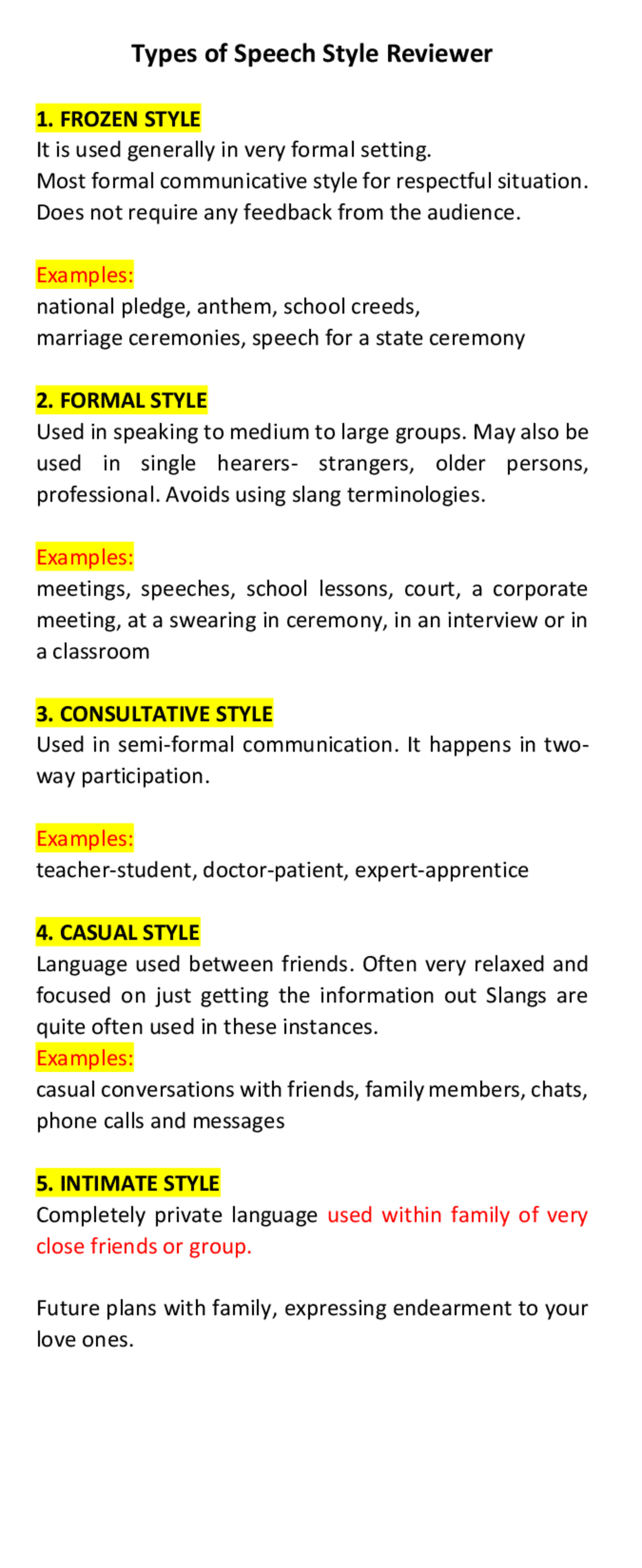 Oral communication speech styles | Summaries Law | Docsity