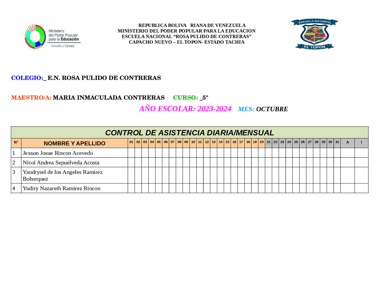 Planilla de asistencia | Apuntes de Ciencias de la Educación | Docsity