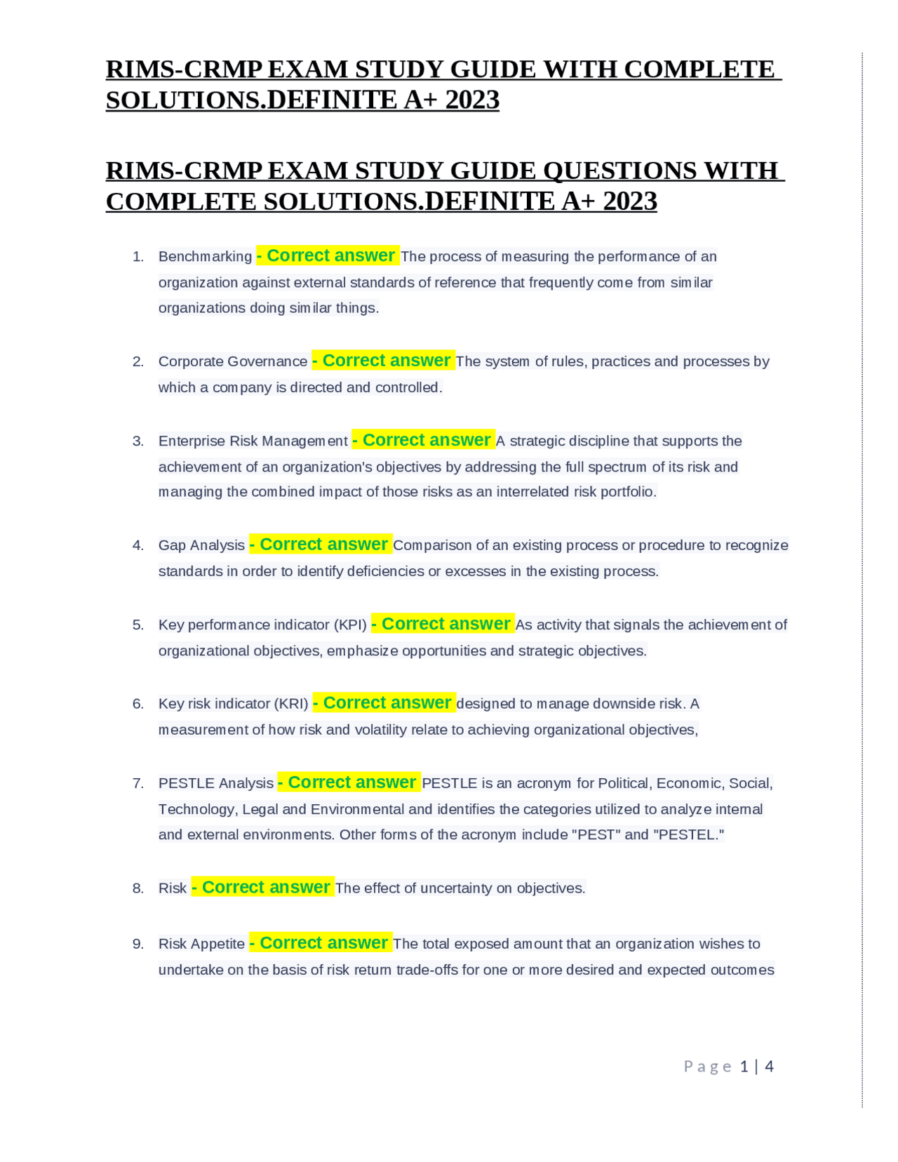 RIMSCRMP EXAM STUDY GUIDE QUESTIONS WITH COMPLETE SOLUTIONS.DEFINITE