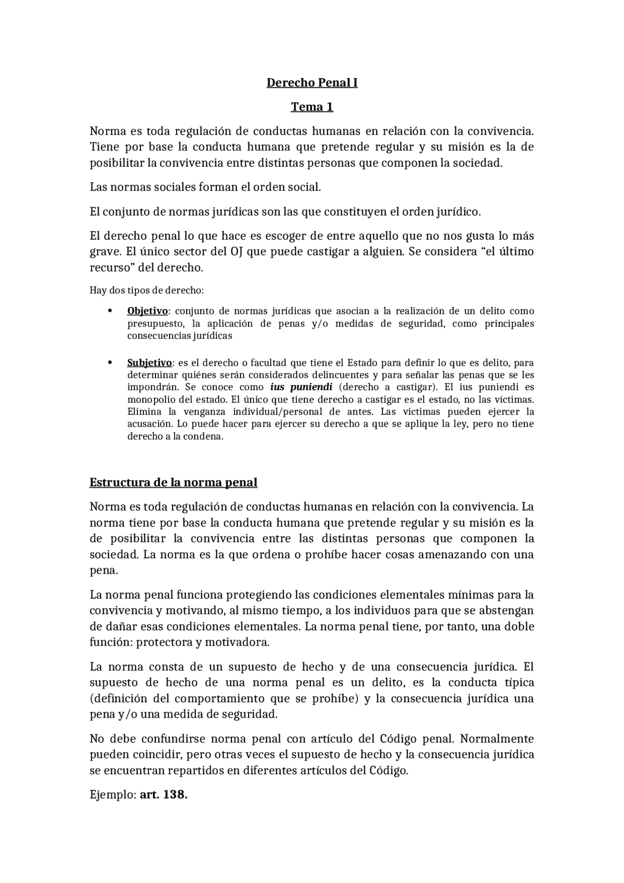 Derecho penal I Tema 1 | Apuntes de Derecho Penal | Docsity