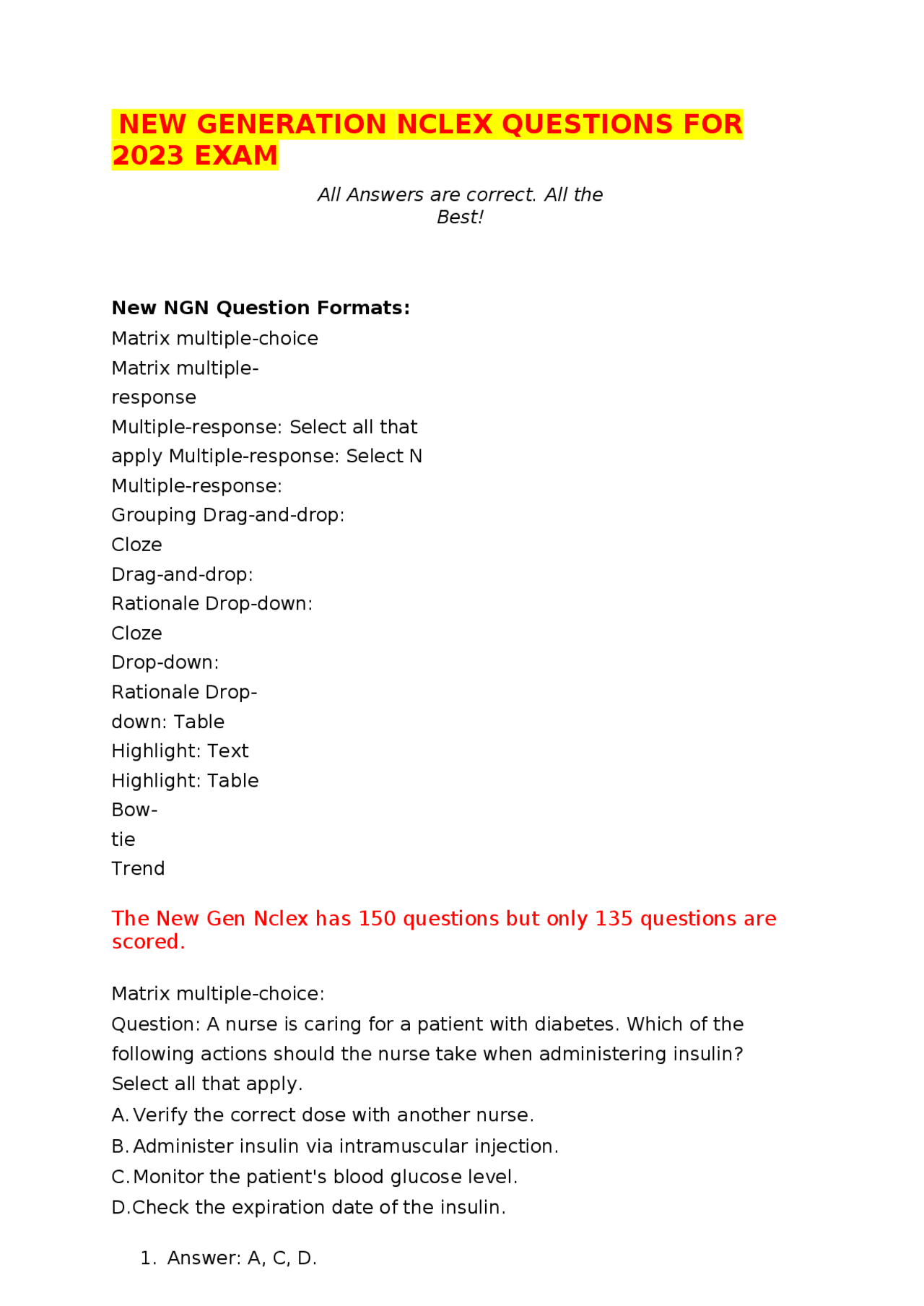 Ngn Nclex Questions Example.pdf COMPLETE NEW GENERATION(NGN) NCLEX QUESTIONS & Answers FOR 2023 EXAM ...