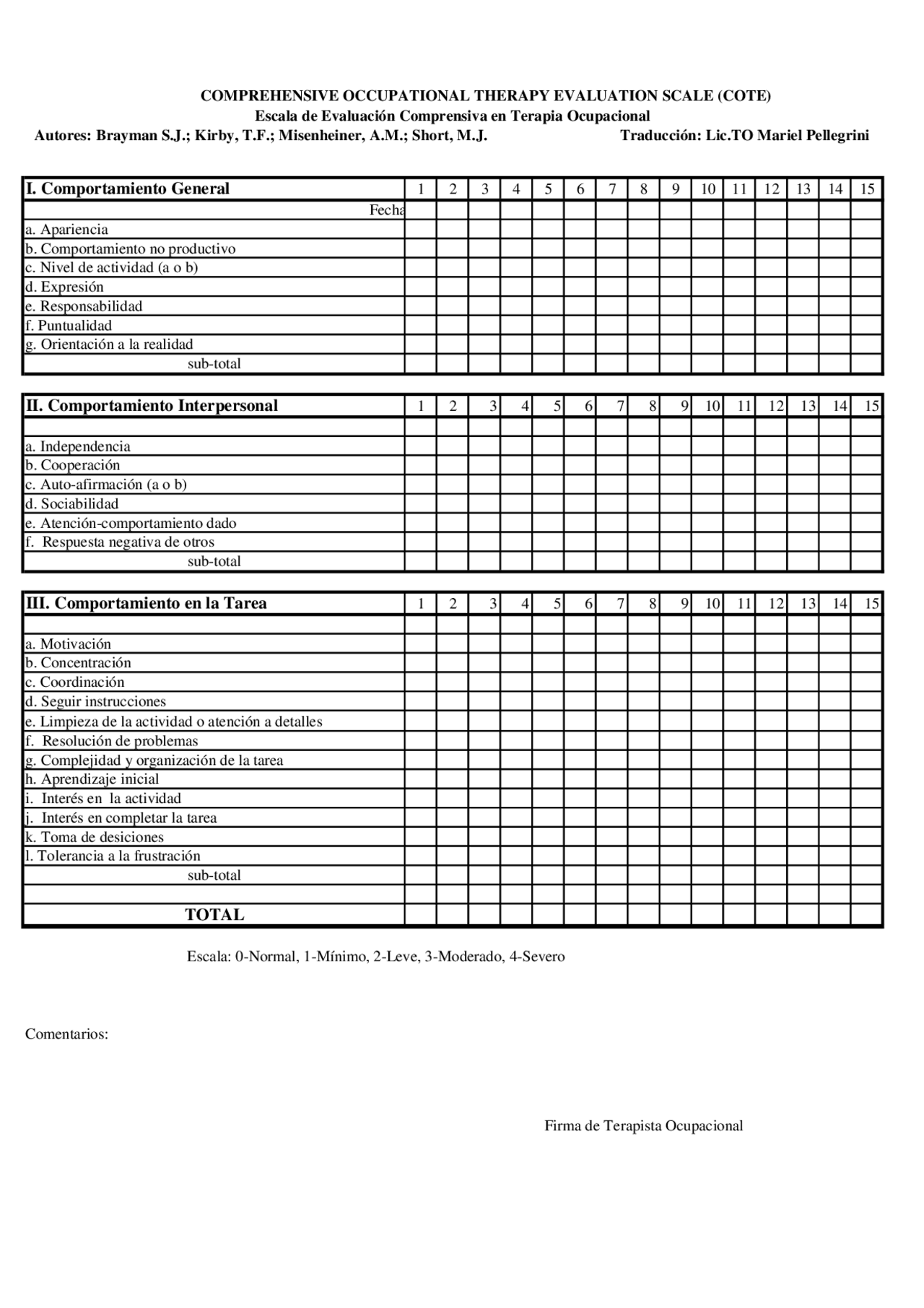 Cote Assessment.pdf Escala cote para evaluar | Monografías, Ensayos de Terapia Ocupacional ...