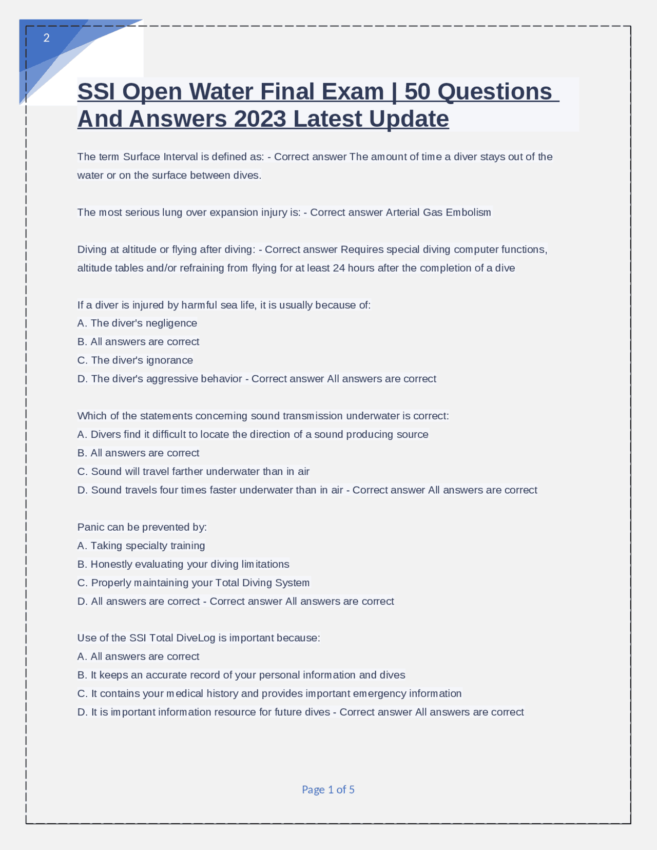 SSI Open Water Final Exam | 50 Questions And Answers 2023 Latest Update ...