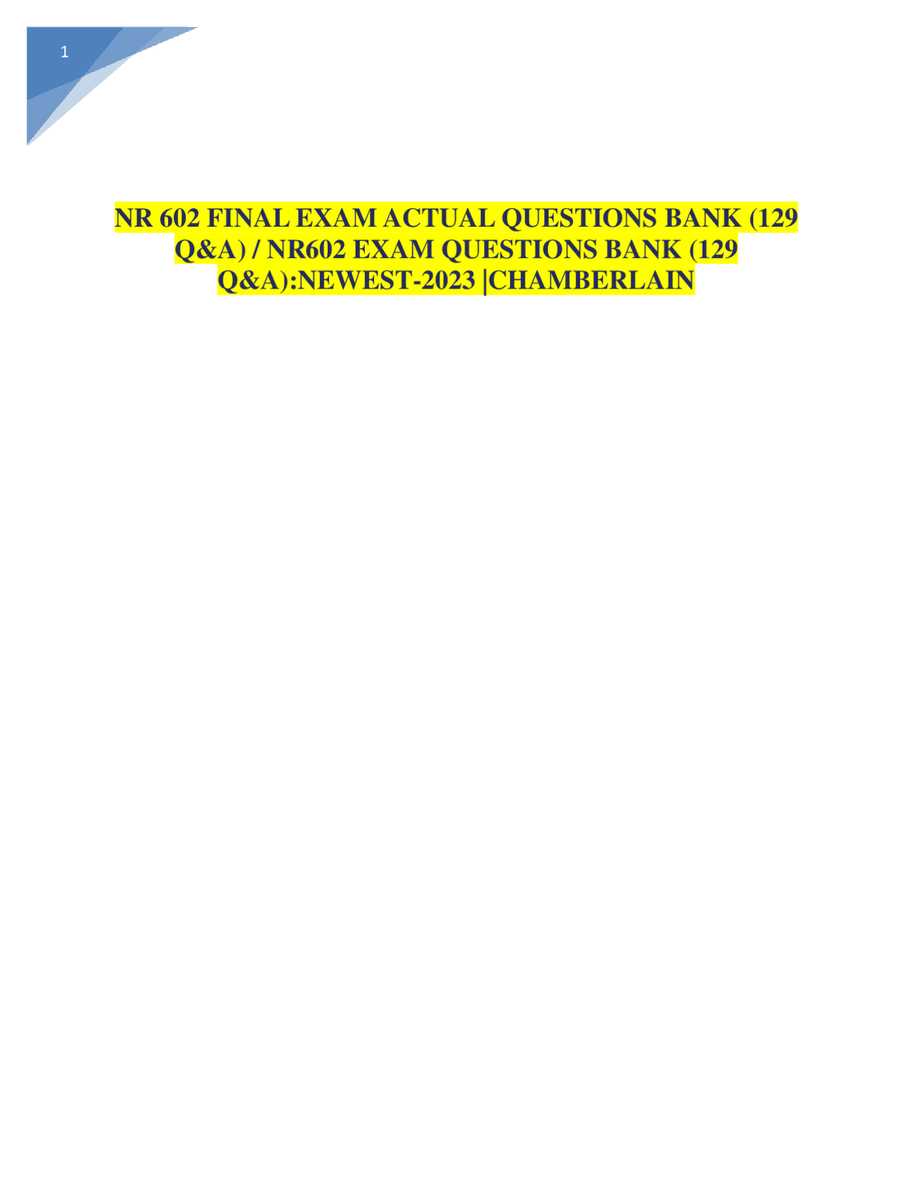 NR 602 Final Exam Questions Bank | Exams Nursing | Docsity