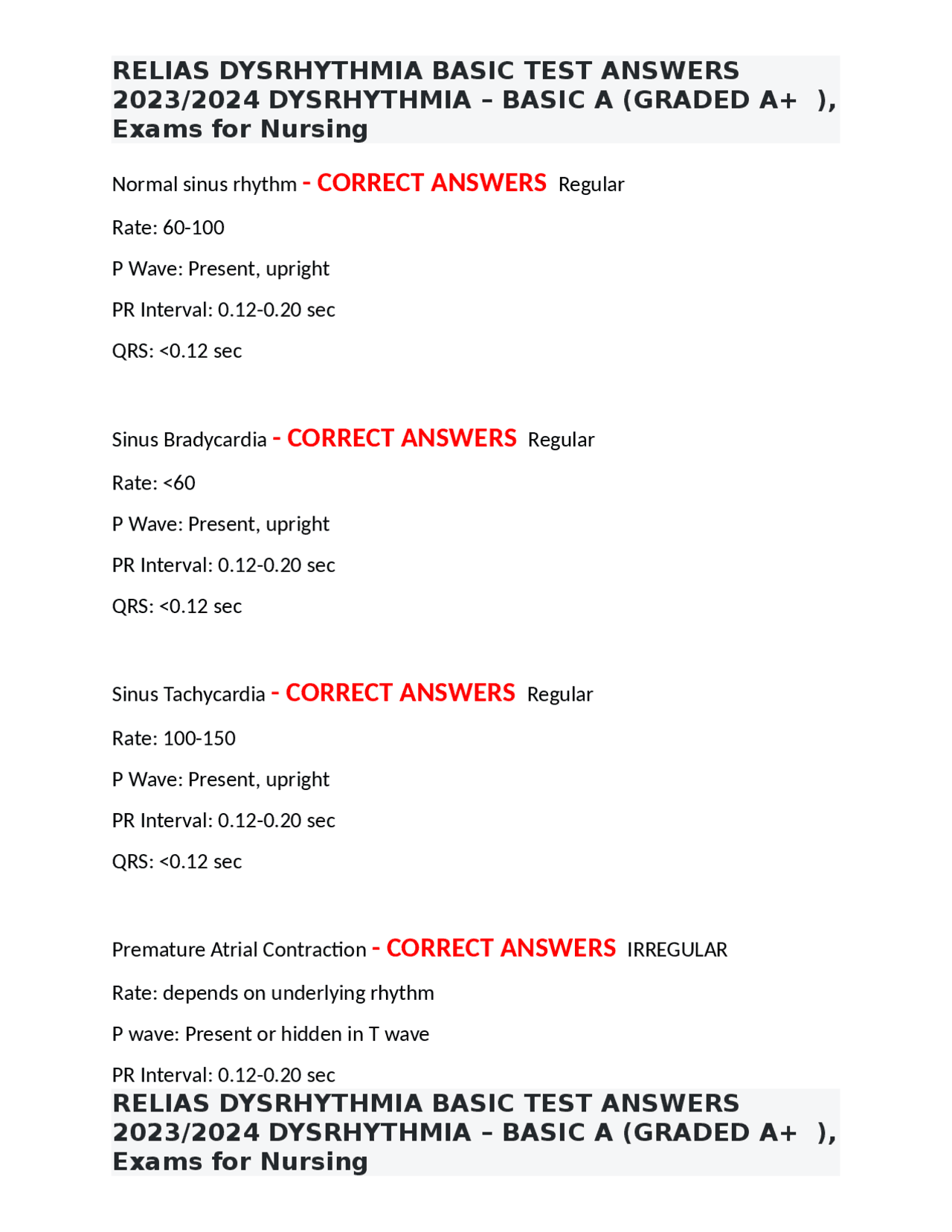 RELIAS DYSRHYTHMIA BASIC TEST ANSWERS 2023/2024 DYSRHYTHMIA BASIC A