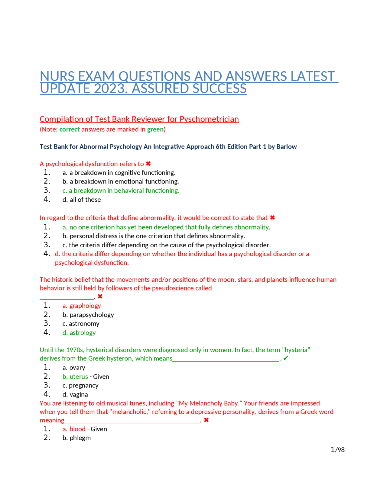 NURS EXAM QUESTIONS AND ANSWERS LATEST UPDATE 2023. ASSURED SUCCESS ...