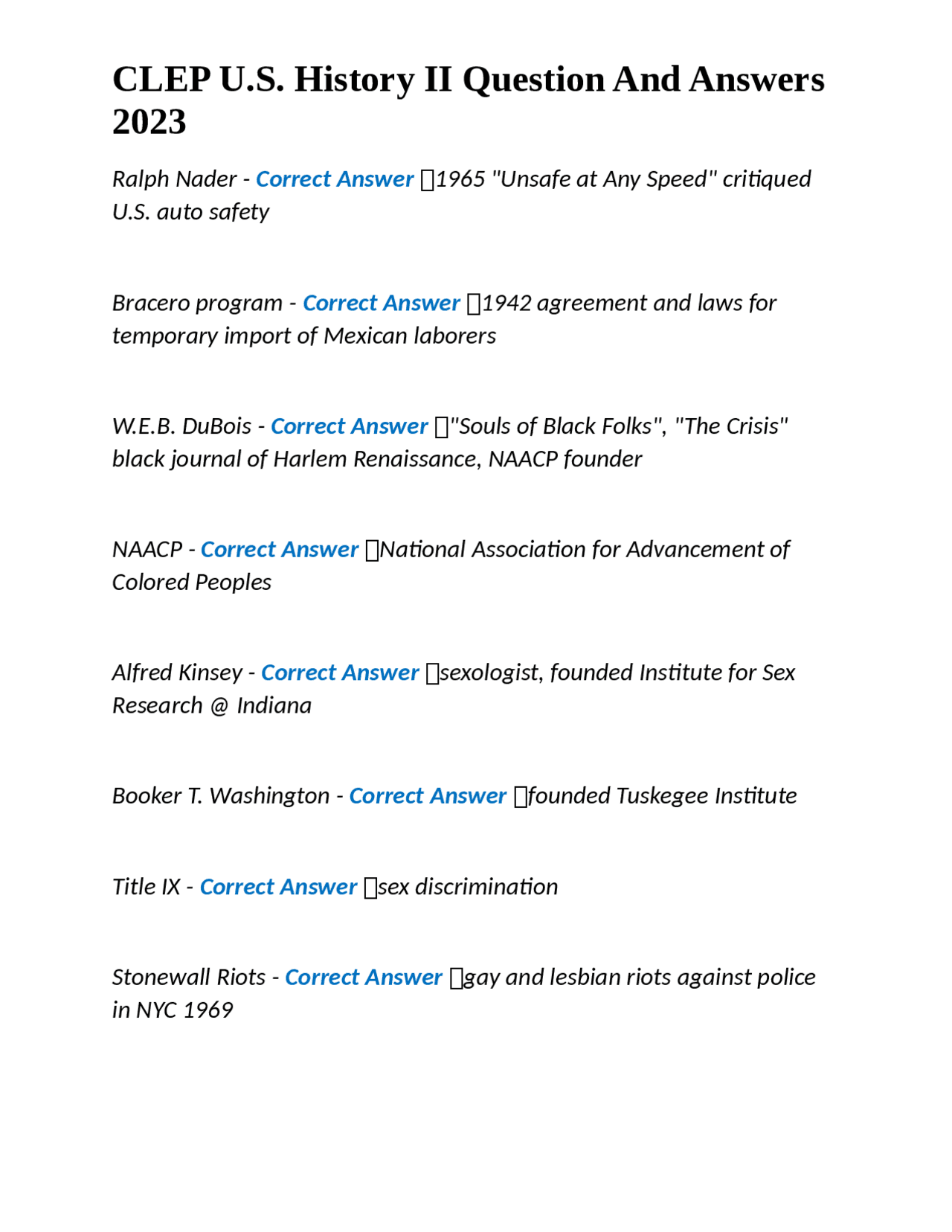 CLEP U.S. History II Question And Answers 2023 Exams Nursing