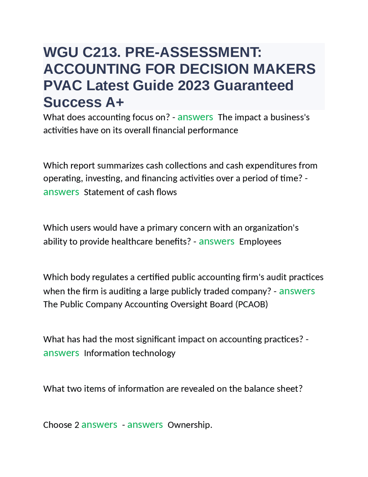 Wgu C213 Pre Assessment Accounting For Decision Makers Pvac Latest Guide 2023 Guaranteed Wgu C213 Pre Assessment Accounting For Decision Makers Pvac Latest Guide 2023 Guaranteed