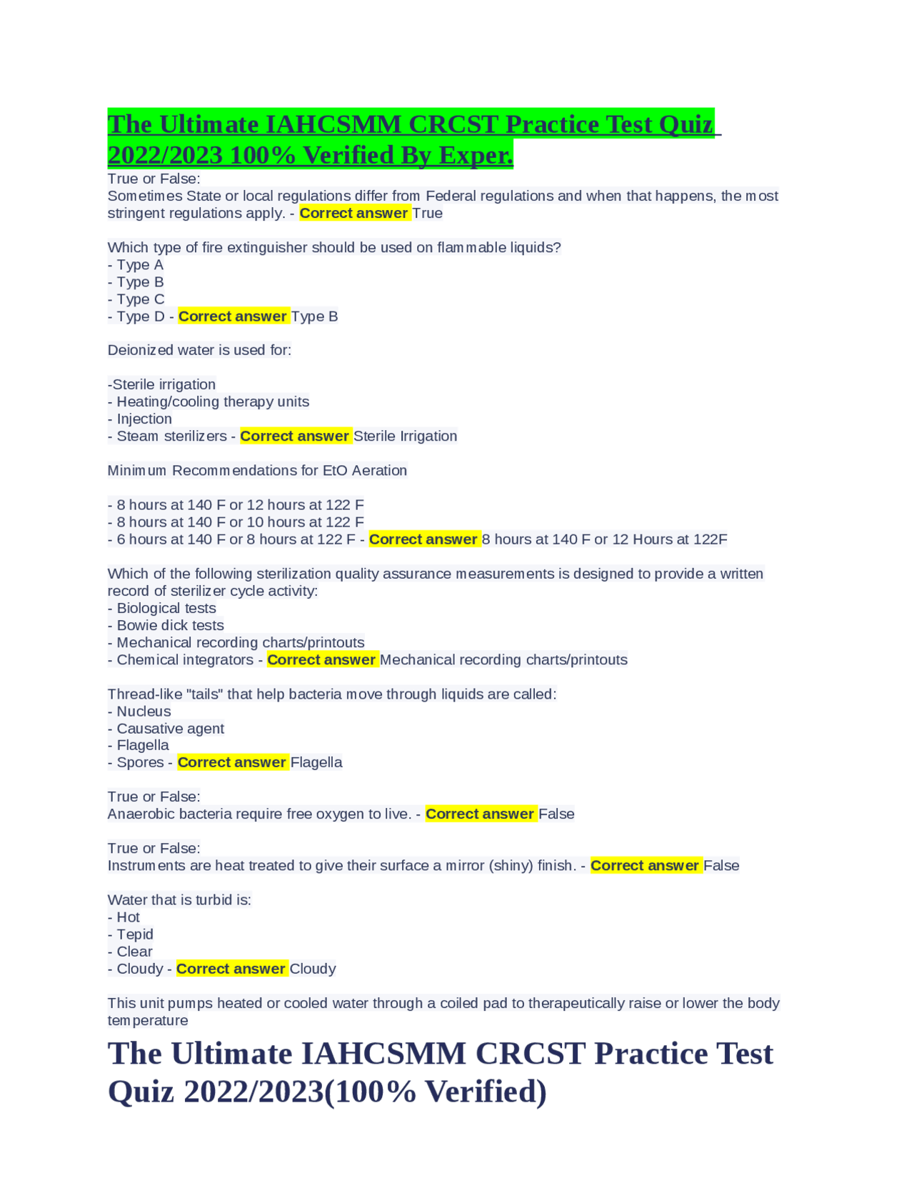 The Ultimate IAHCSMM CRCST Practice Test Quiz 2022/2023 100 Verified