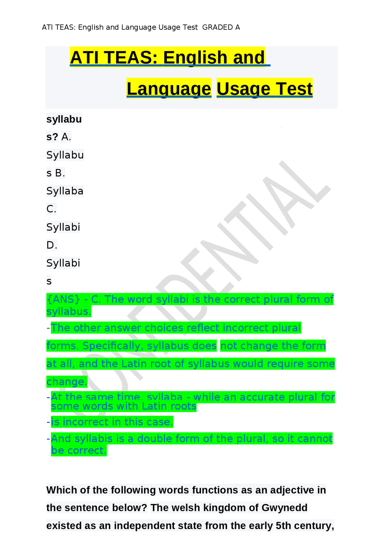 ATI TEAS English and Language Usage Test GRADED A Exams Nursing Docsity