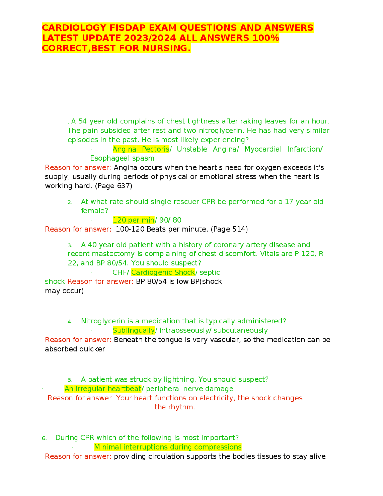 CARDIOLOGY FISDAP EXAM QUESTIONS AND ANSWERS LATEST UPDATE 2023/2024 ...