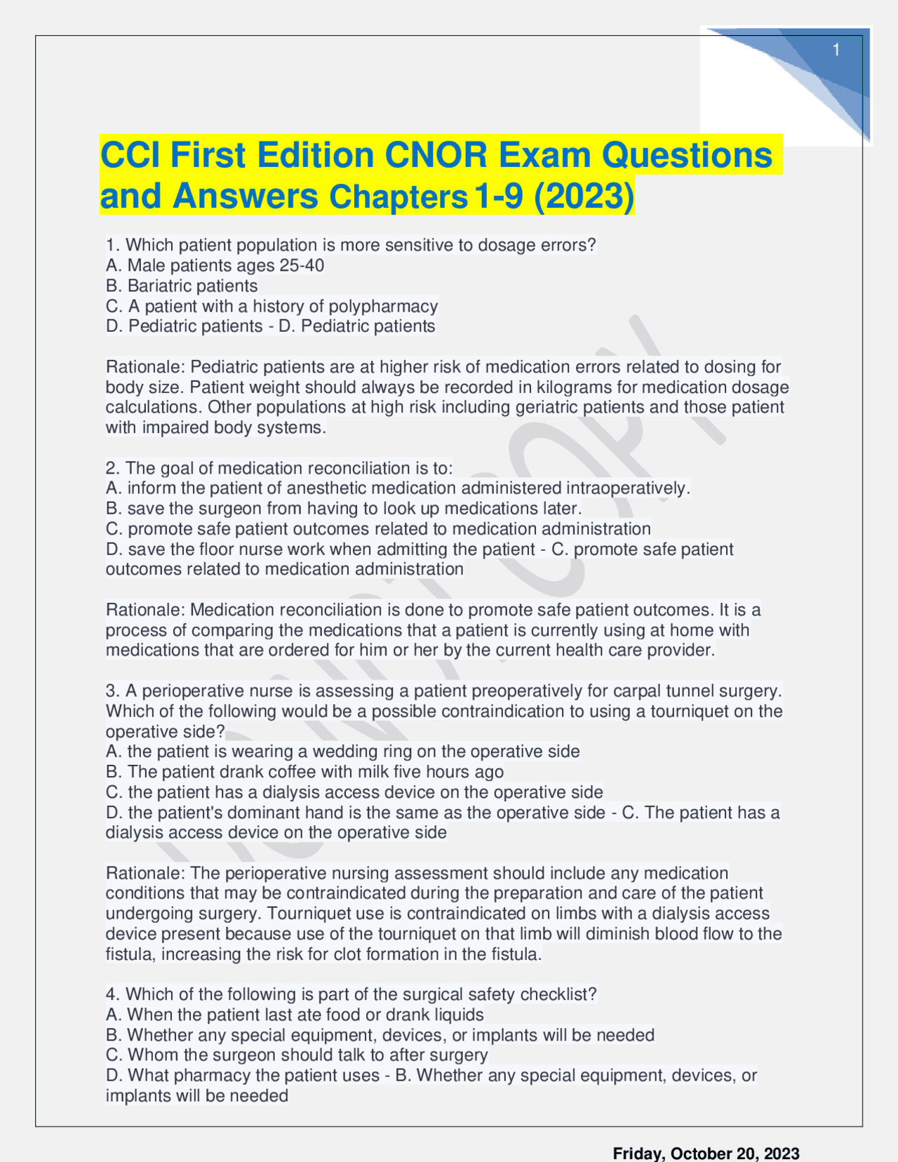 CCI First Edition CNOR Exam Questions and Answers Chapters 19 (2023) Exams Nursing Docsity