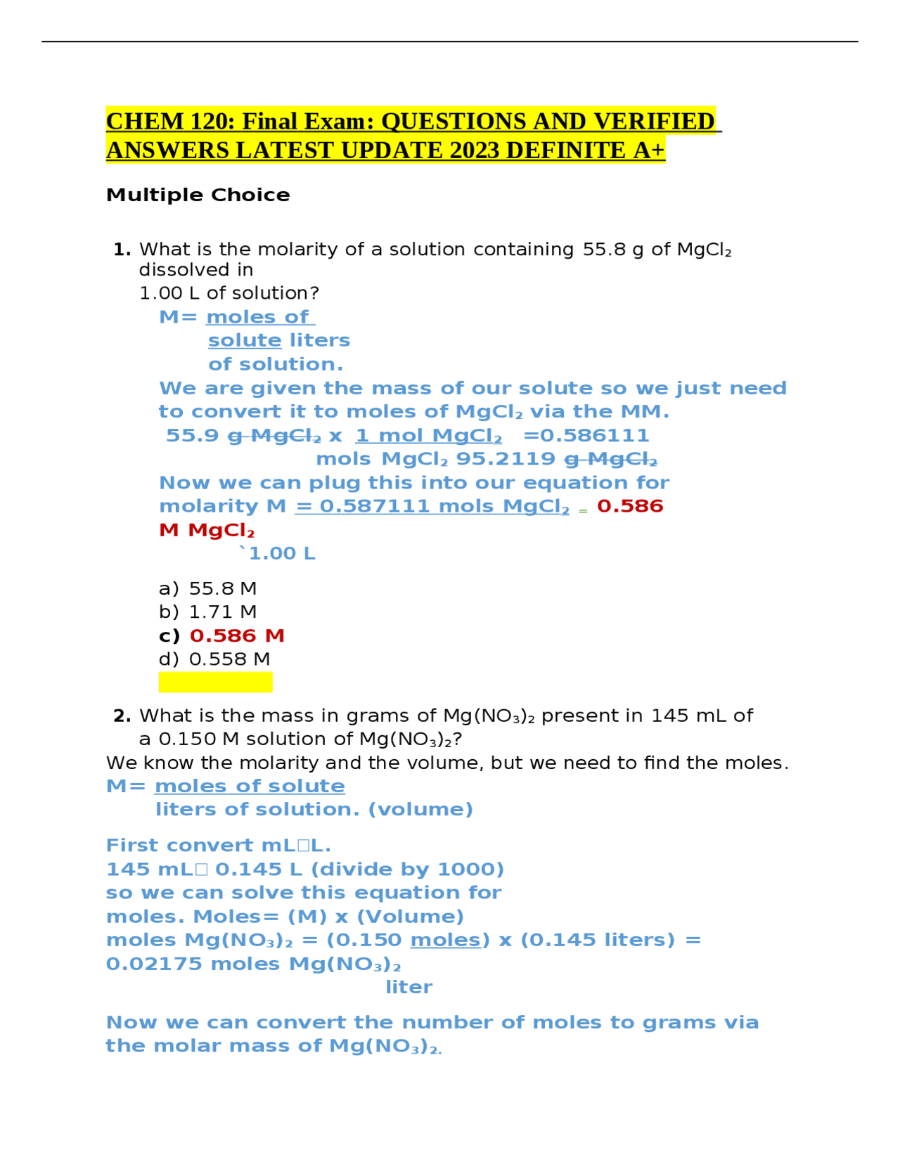 CHEM 120: Final Exam: QUESTIONS AND VERIFIED ANSWERS LATEST UPDATE 2023 ...