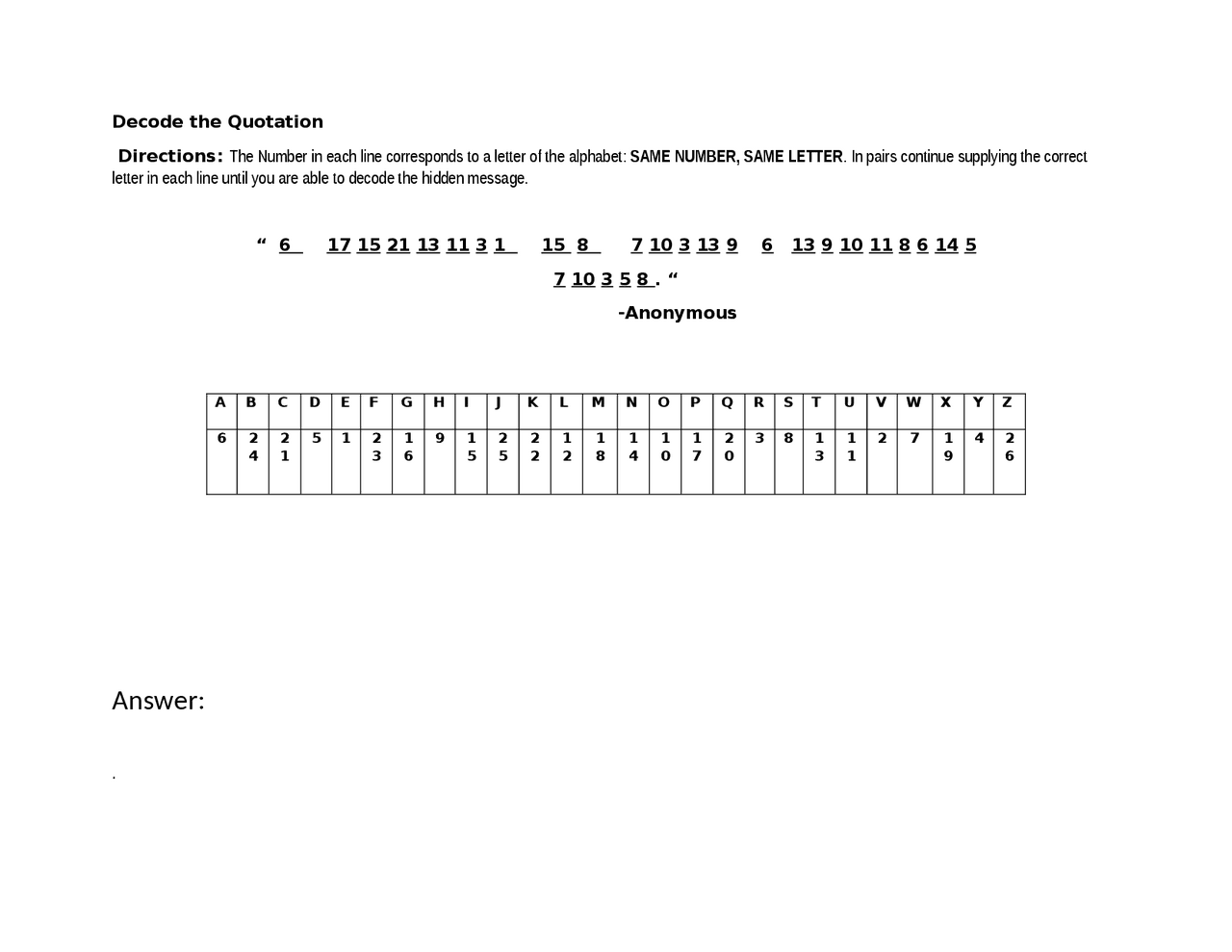 Decode the Quotation Directions: The Number in each line corresponds to ...