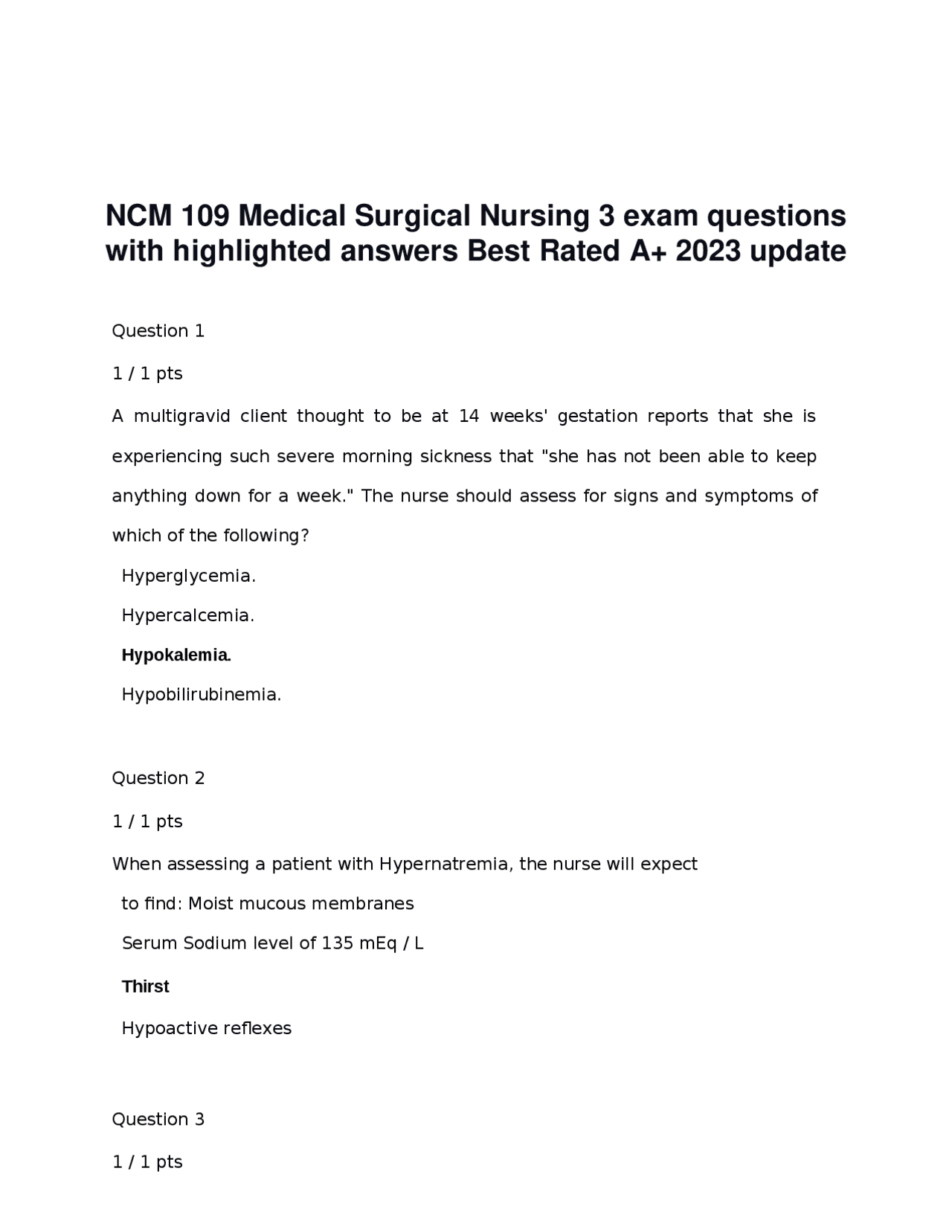 NCM 109 Medical Surgical Nursing 3 exam questions with highlighted ...