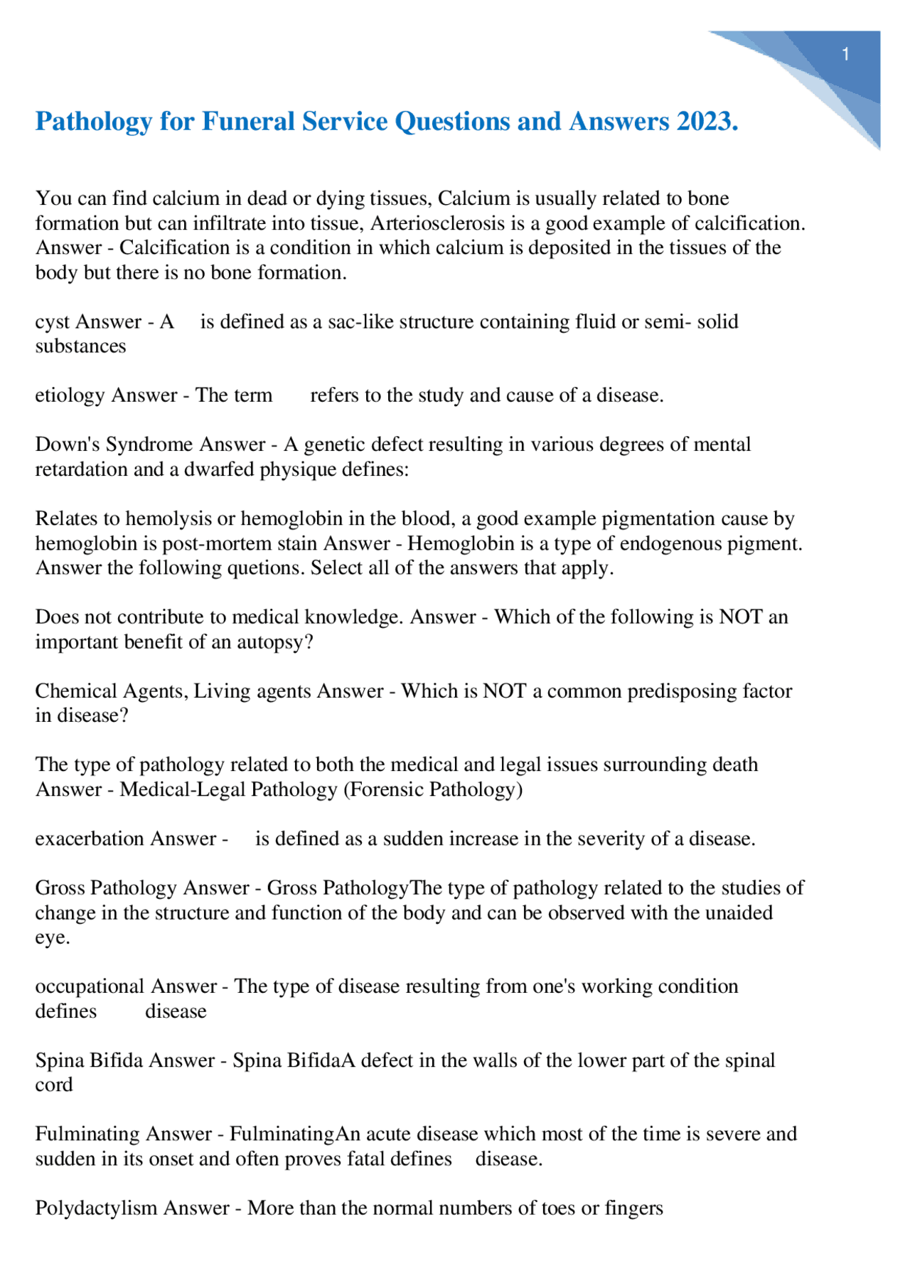 Pathology for Funeral Service Questions and Answers 2023. | Exams ...