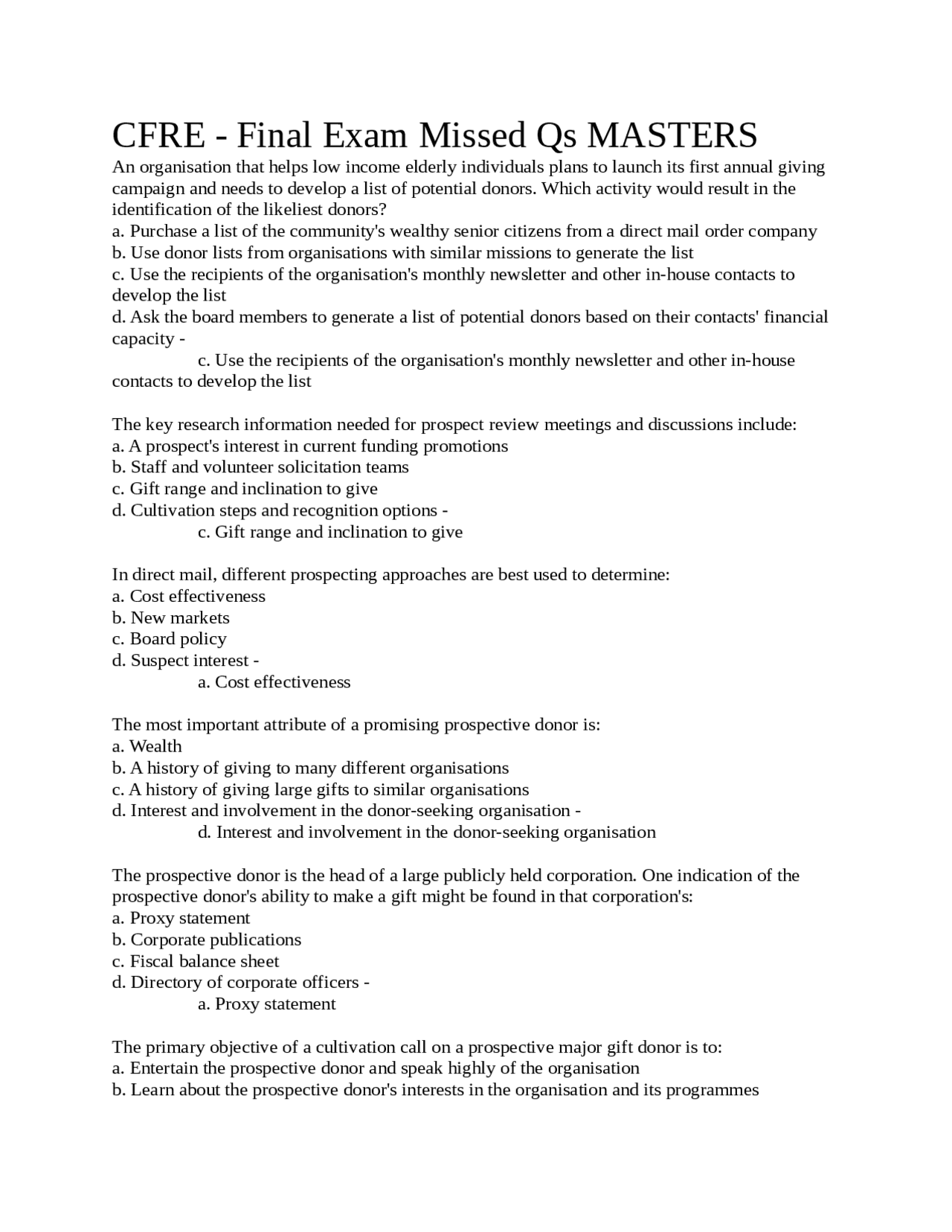 Cfre Test CFRE - Final Exam Missed Qs MASTERS | Exams Economics | Docsity