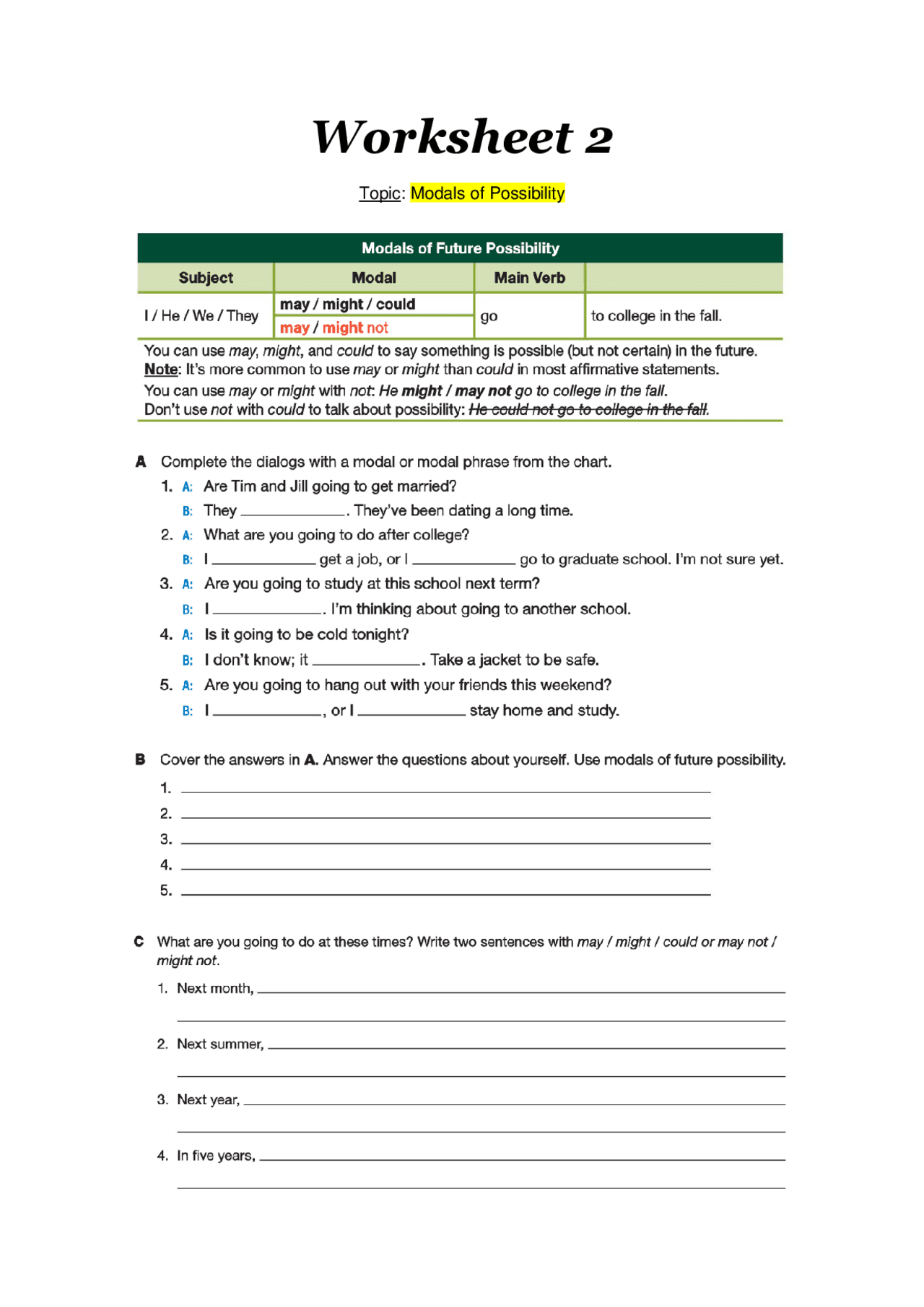 Modals of Possibility EJERCICIOS DE INGLES | Ejercicios de Inglés | Docsity