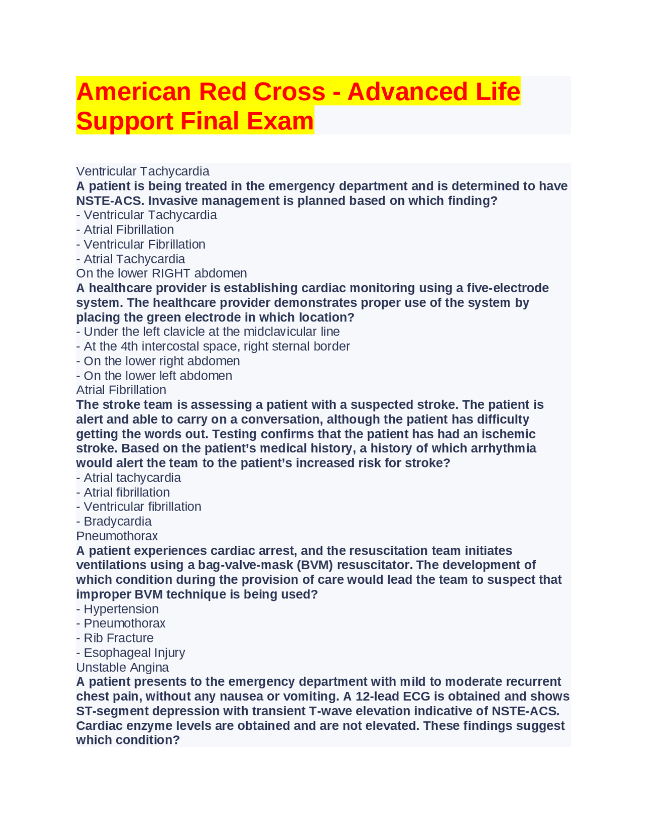 American Red Cross Advanced Life Support Final Exam Exams Nursing