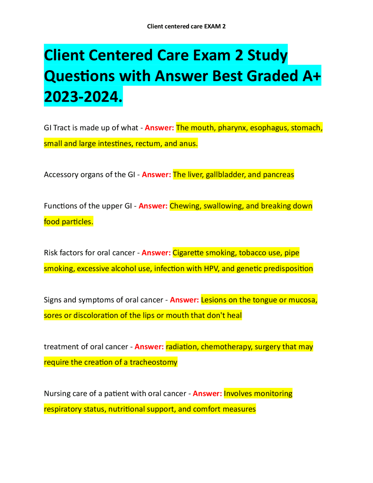 Client Centered Care Exam 2 Study Questions with Answer Best Graded A+ ...