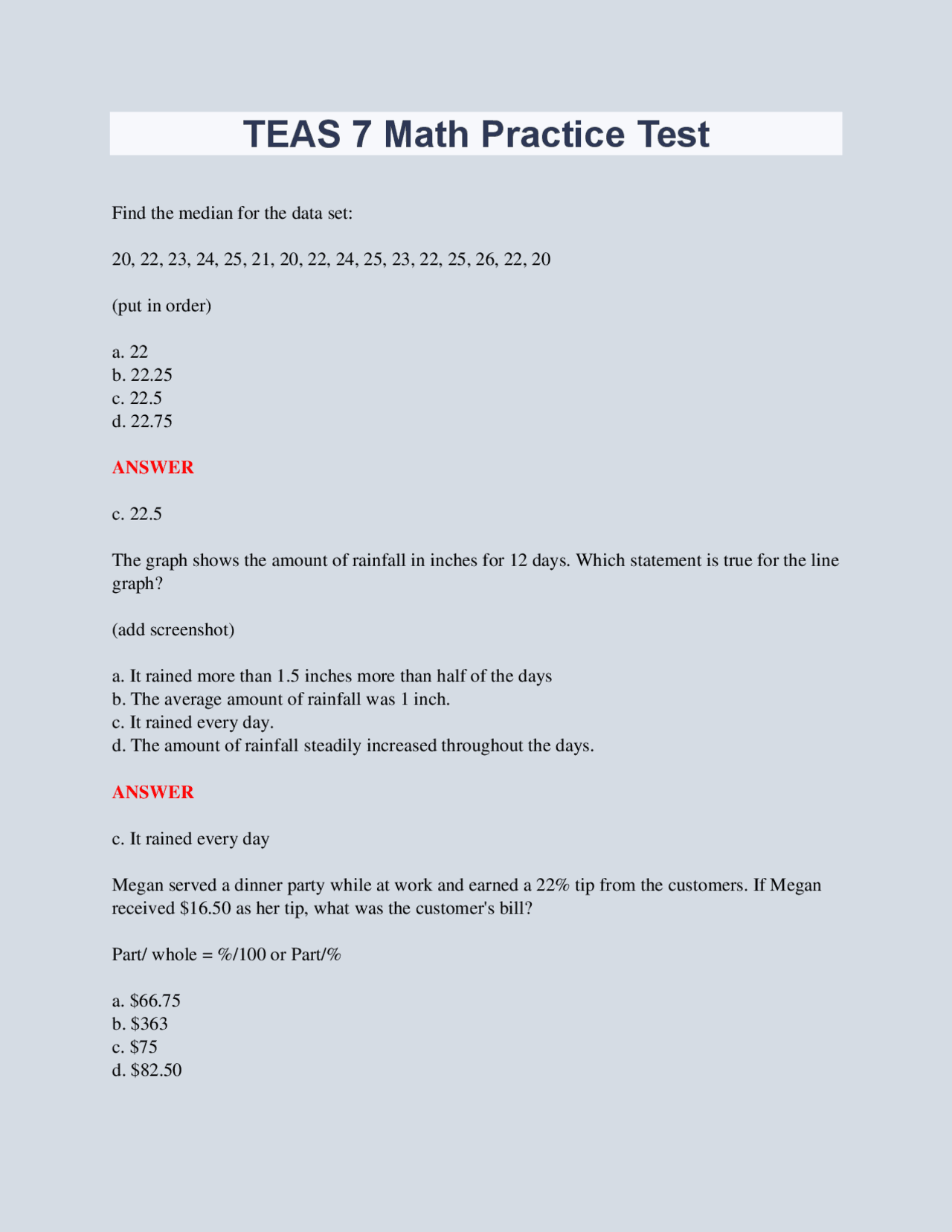 TEAS 7 Math Practice Test (Latest 2023/2024) Graded A+ Exams Nursing