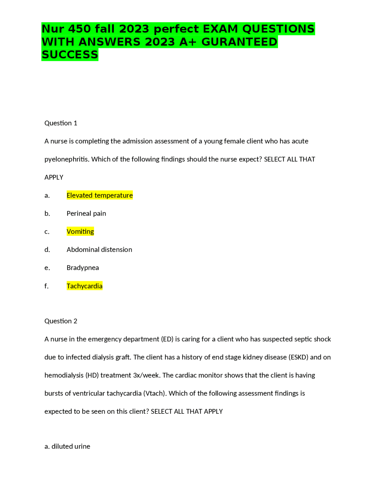 Nur 450 fall 2023 perfect EXAM QUESTIONS WITH ANSWERS 2023 A+ GURANTEED ...