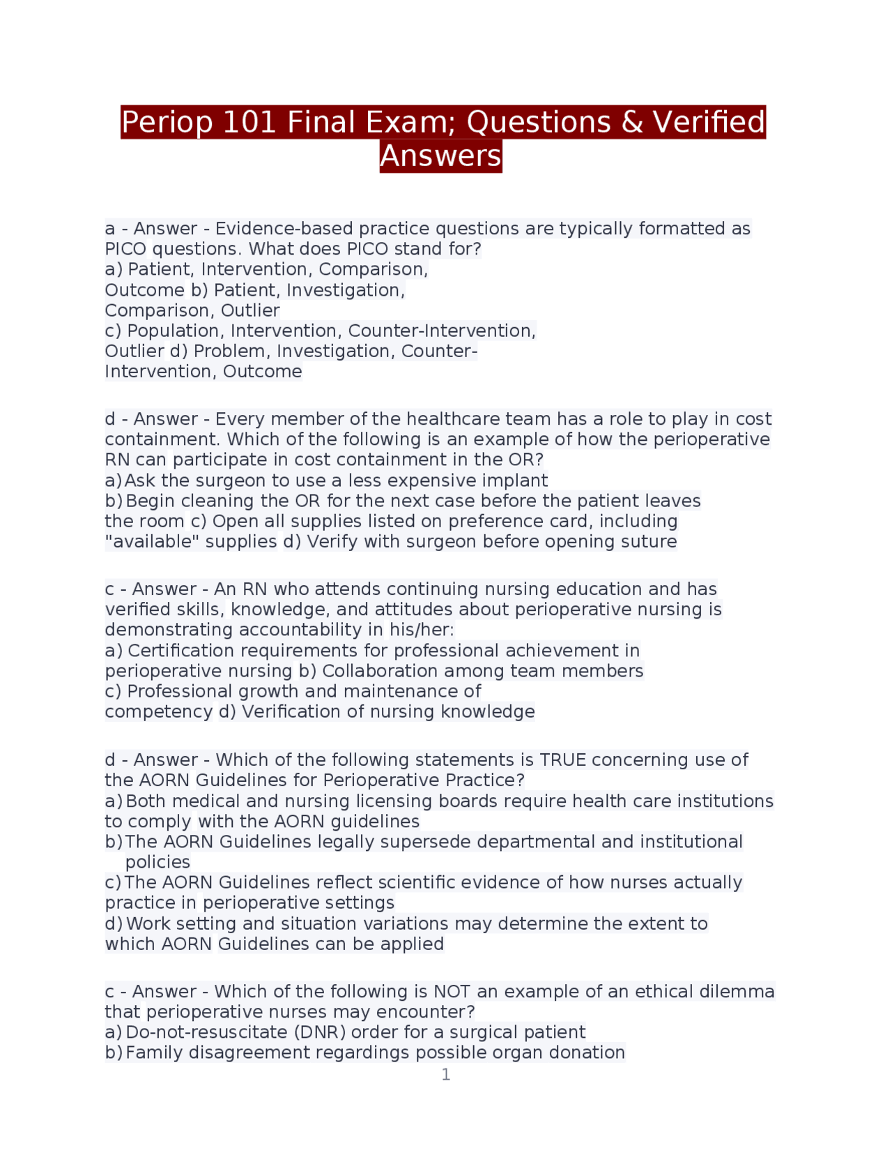 Periop 101 Final Exam; Questions & Verified Answers Exams Humanities