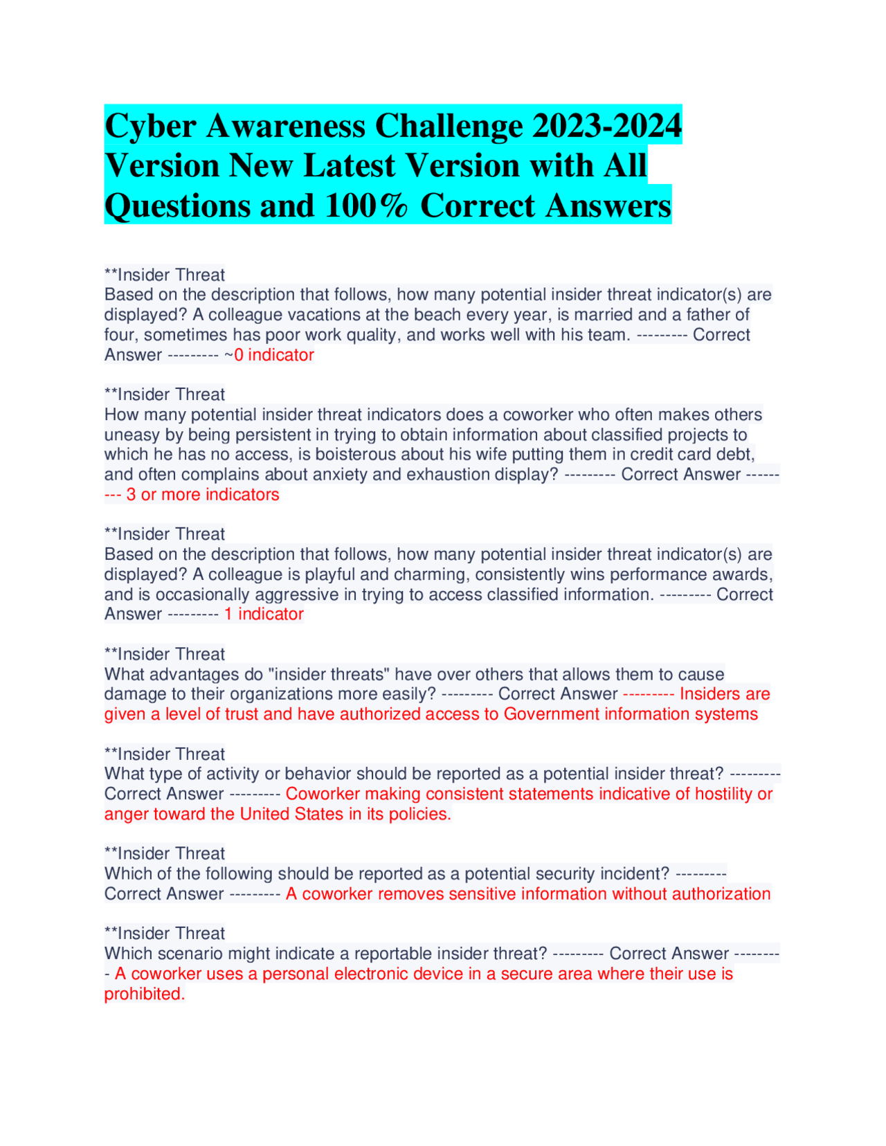 Cyber Awareness Challenge 20232024 Version New Latest Version with All