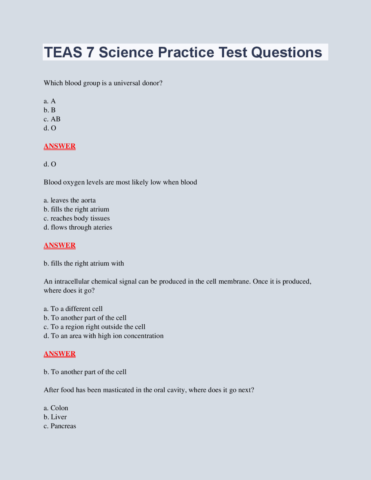 TEAS 7 Science Practice Test Questions AND Answers (Latest 2023/2024 ...