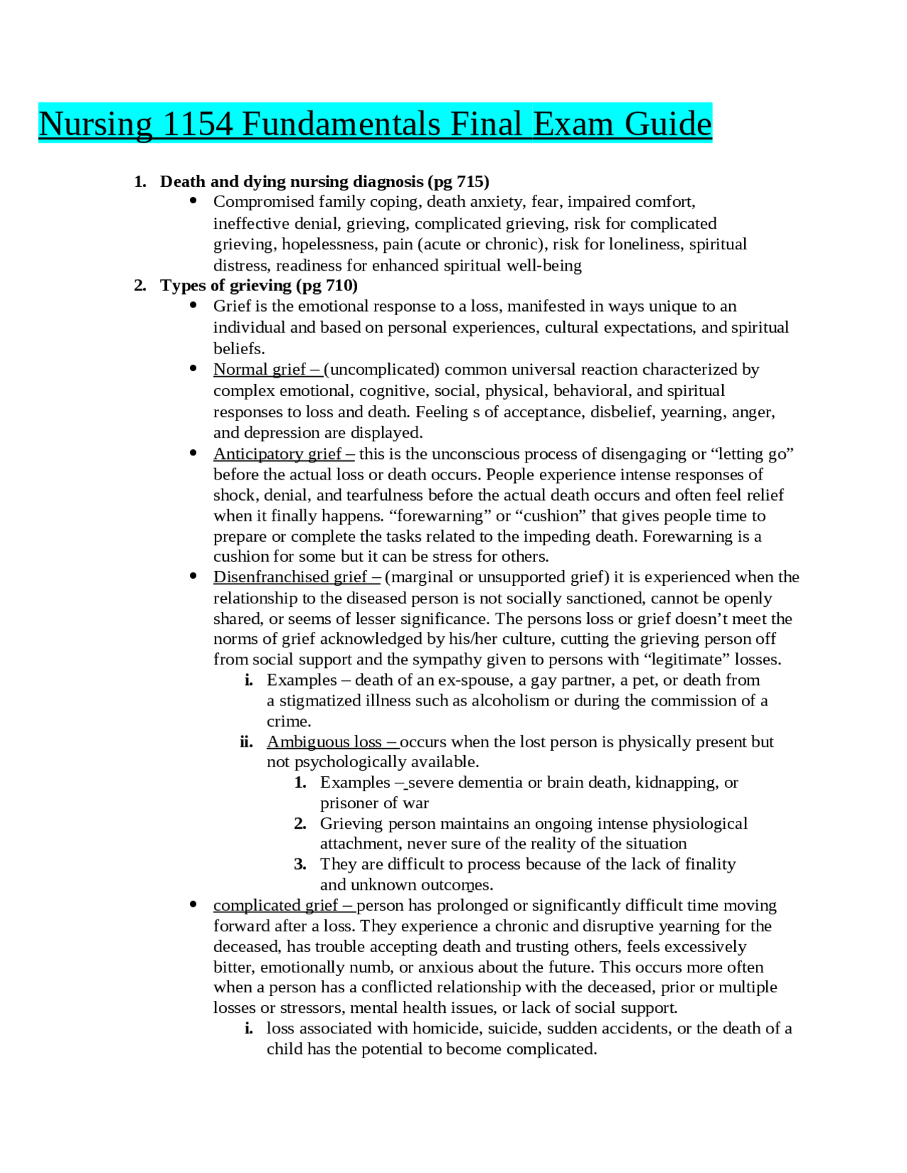 Nursing 1154 Fundamentals Final Exam Guide | Study Guides, Projects ...