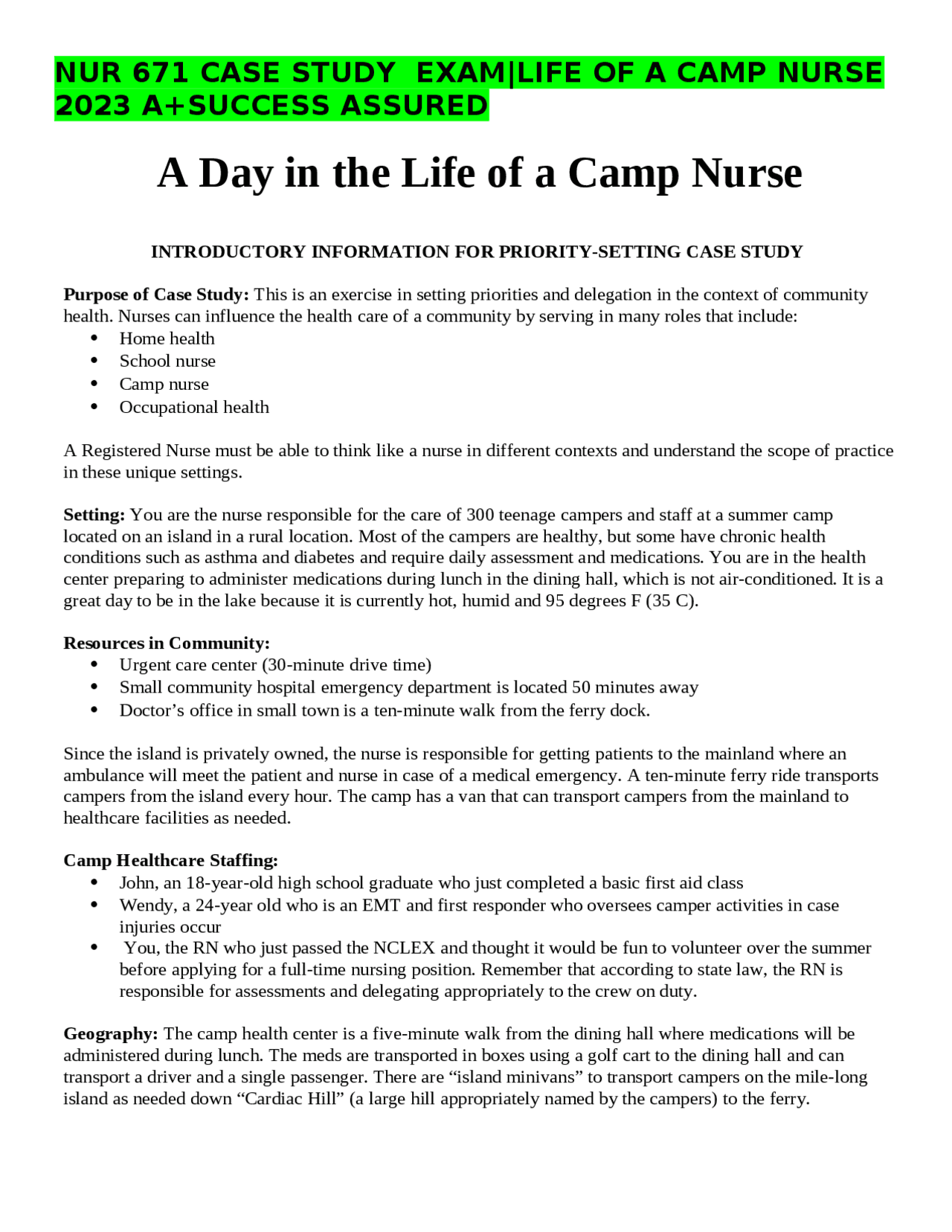 NUR 671 CASE STUDY EXAMLIFE OF A CAMP NURSE 2023 A+SUCCESS ASSURED
