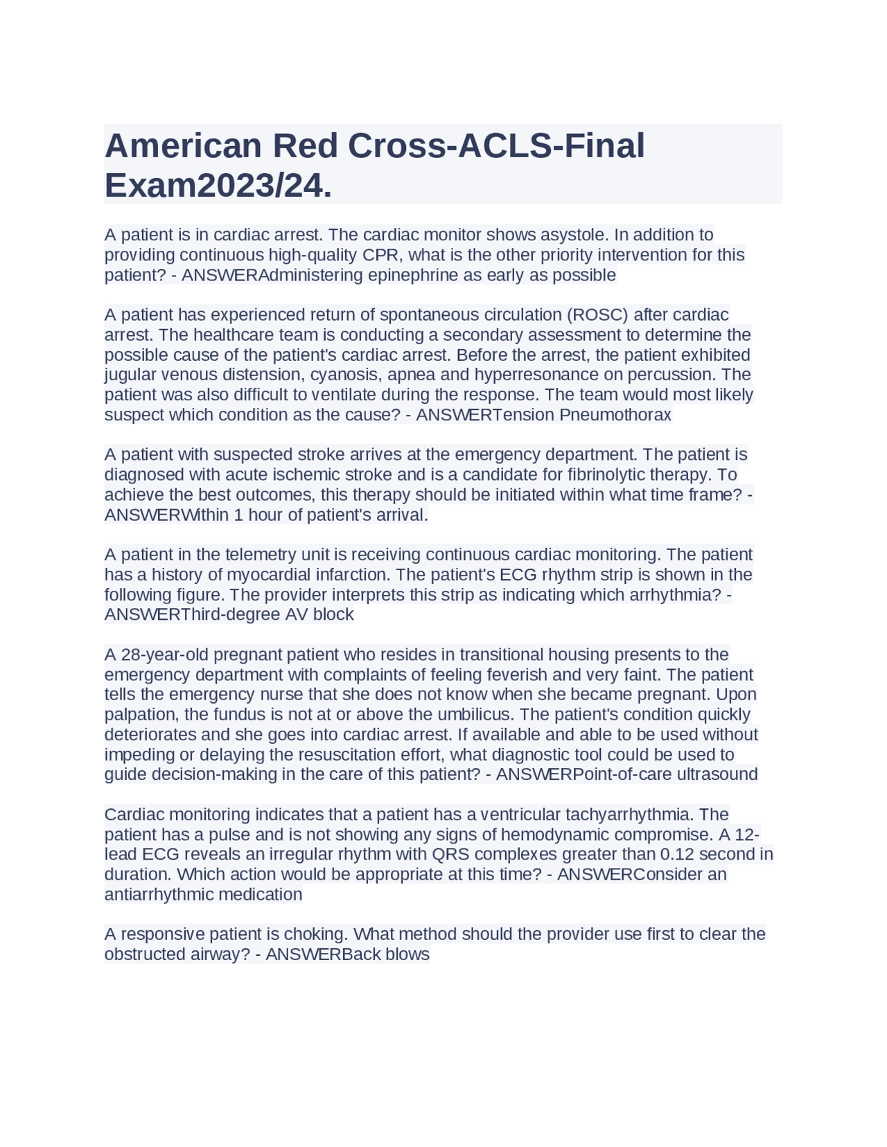 American Red Cross-ACLS-Final Exam2023/24 | Exams Nursing | Docsity