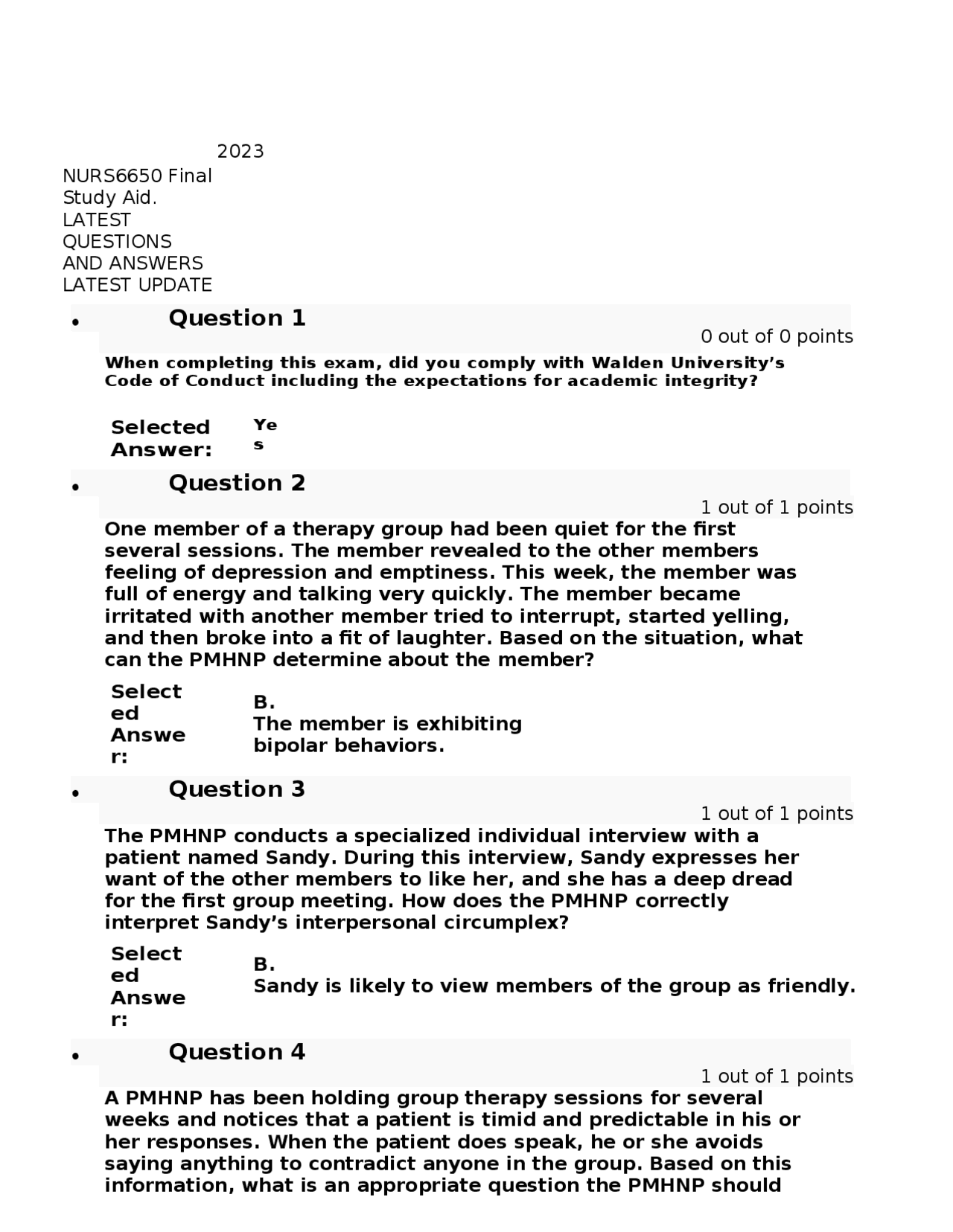 NURS6650 Final Study Aid. LATEST QUESTIONS AND ANSWERS LATEST UPDATE ...