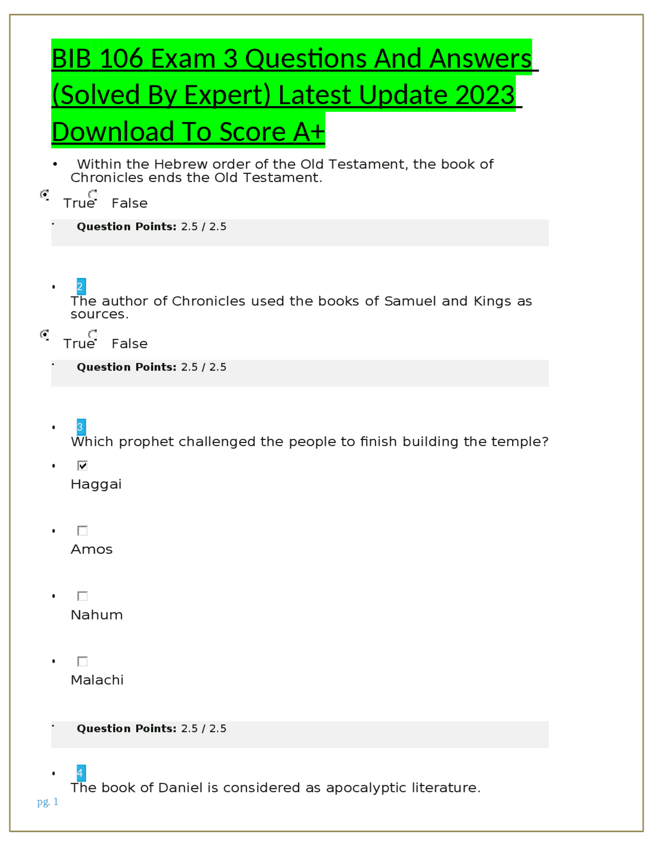 BIB 106 Exam 3 Questions And Answers (Solved By Expert) Latest Update ...