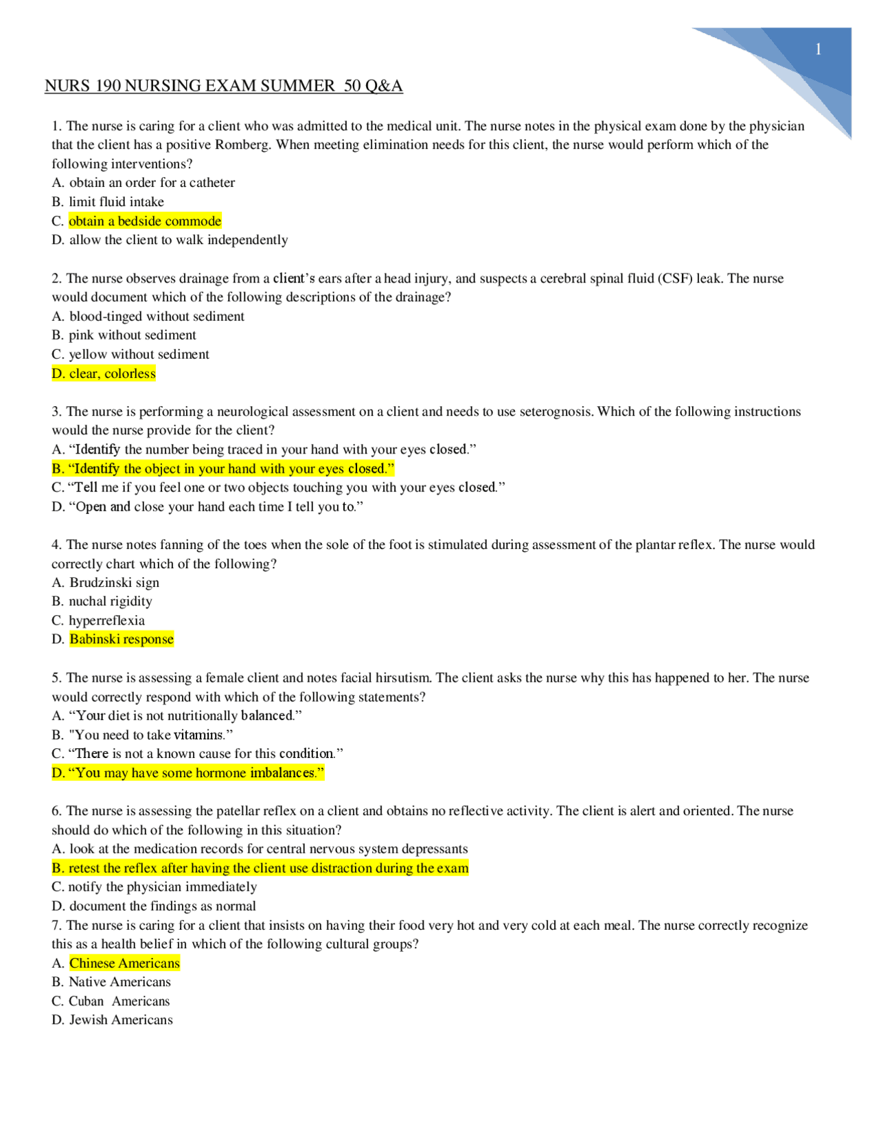 NURS 190 NURSING EXAM 50 QUESTIONS WITH 100% VERIFIED ANSWERS | Exams ...
