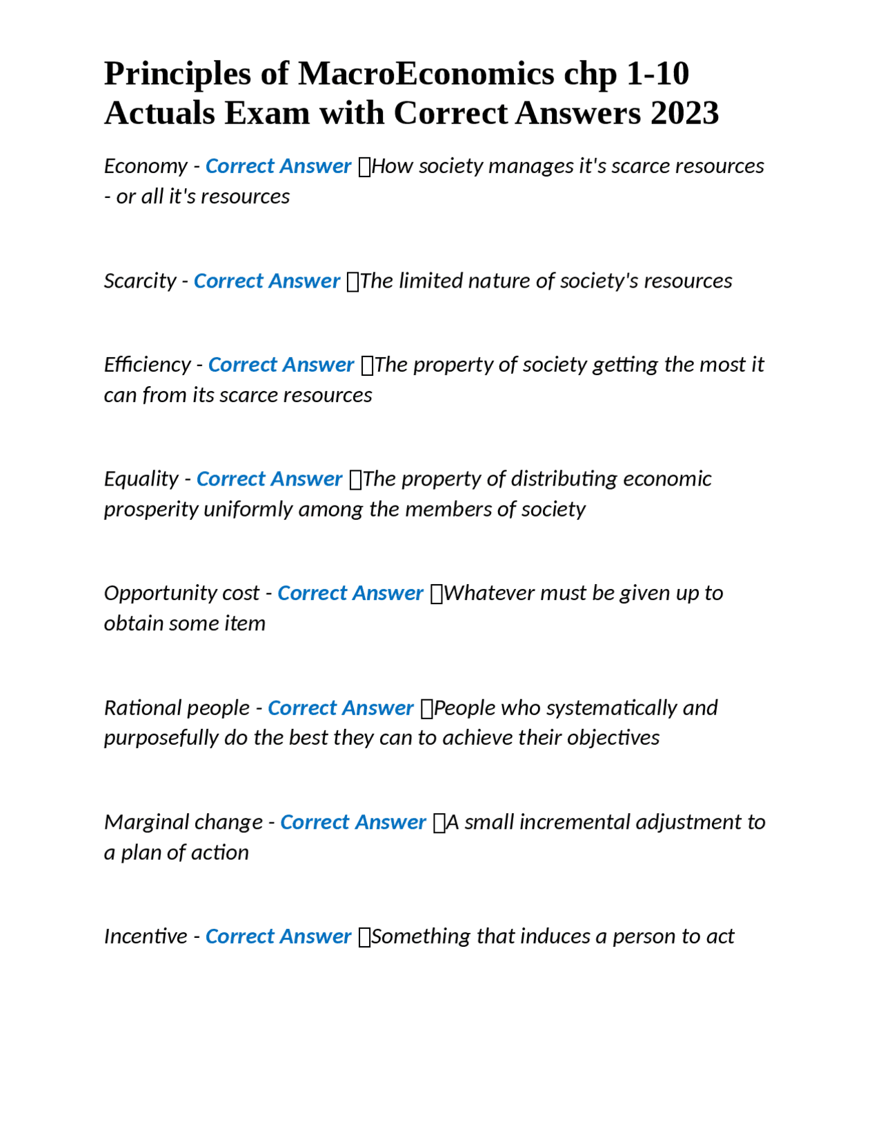 Principles of MacroEconomics chp 1-10 Actuals Exam with Correct Answers ...
