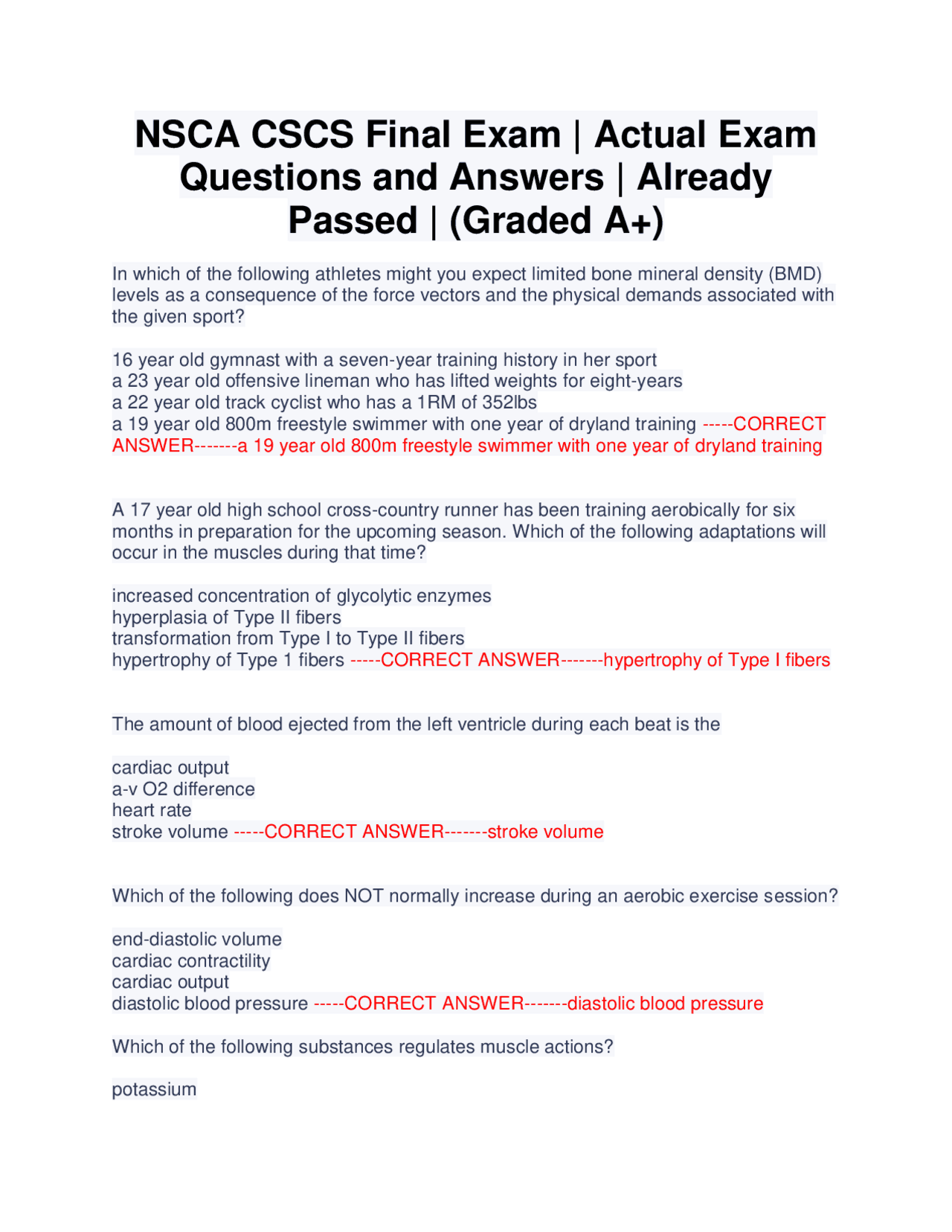 NSCA CSCS Final Exam | Actual Exam Questions and Answers | Already ...