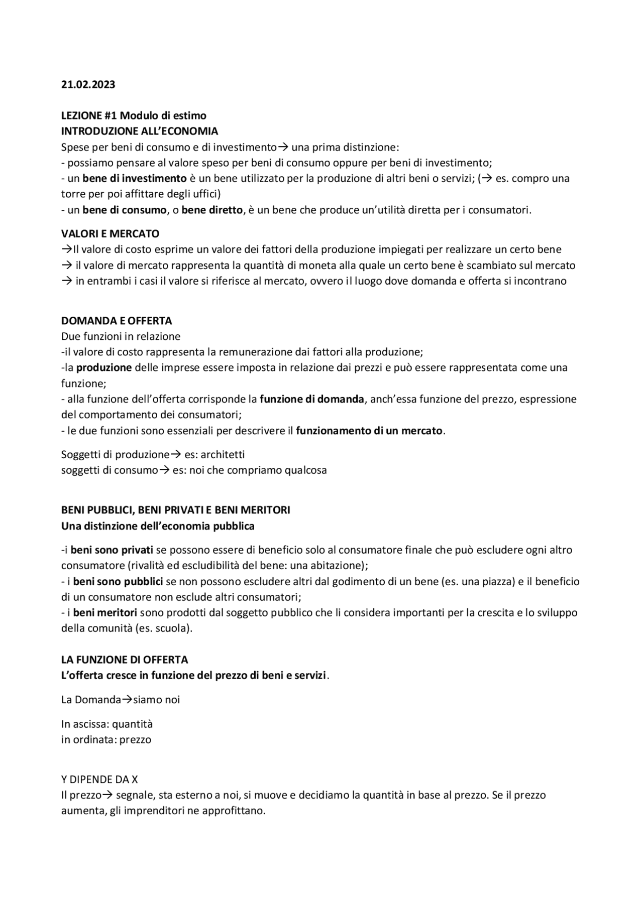 Prima lezione di estimò | Schemi e mappe concettuali di Estimo | Docsity