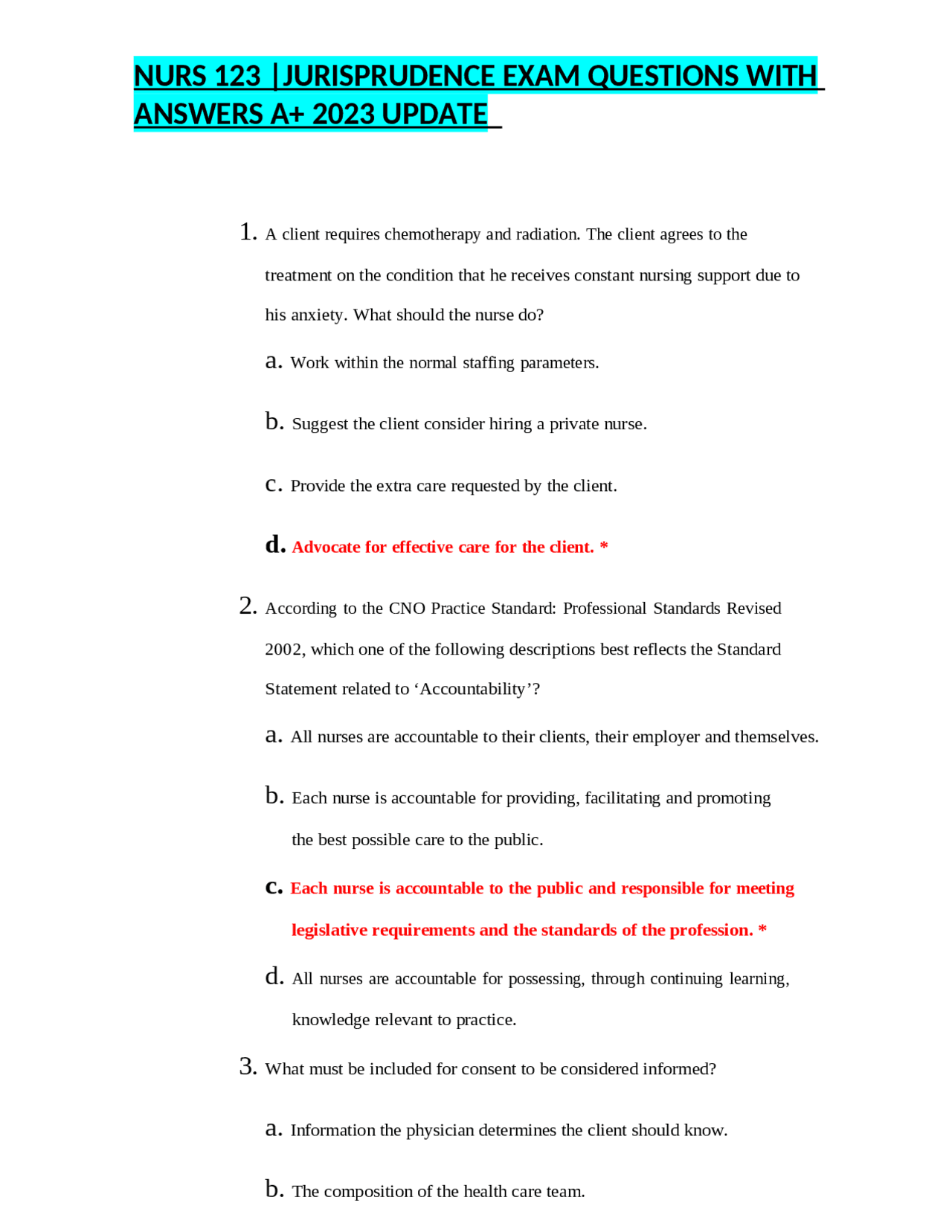 NURS 123 |JURISPRUDENCE EXAM QUESTIONS WITH ANSWERS A+ 2023 UPDATE ...