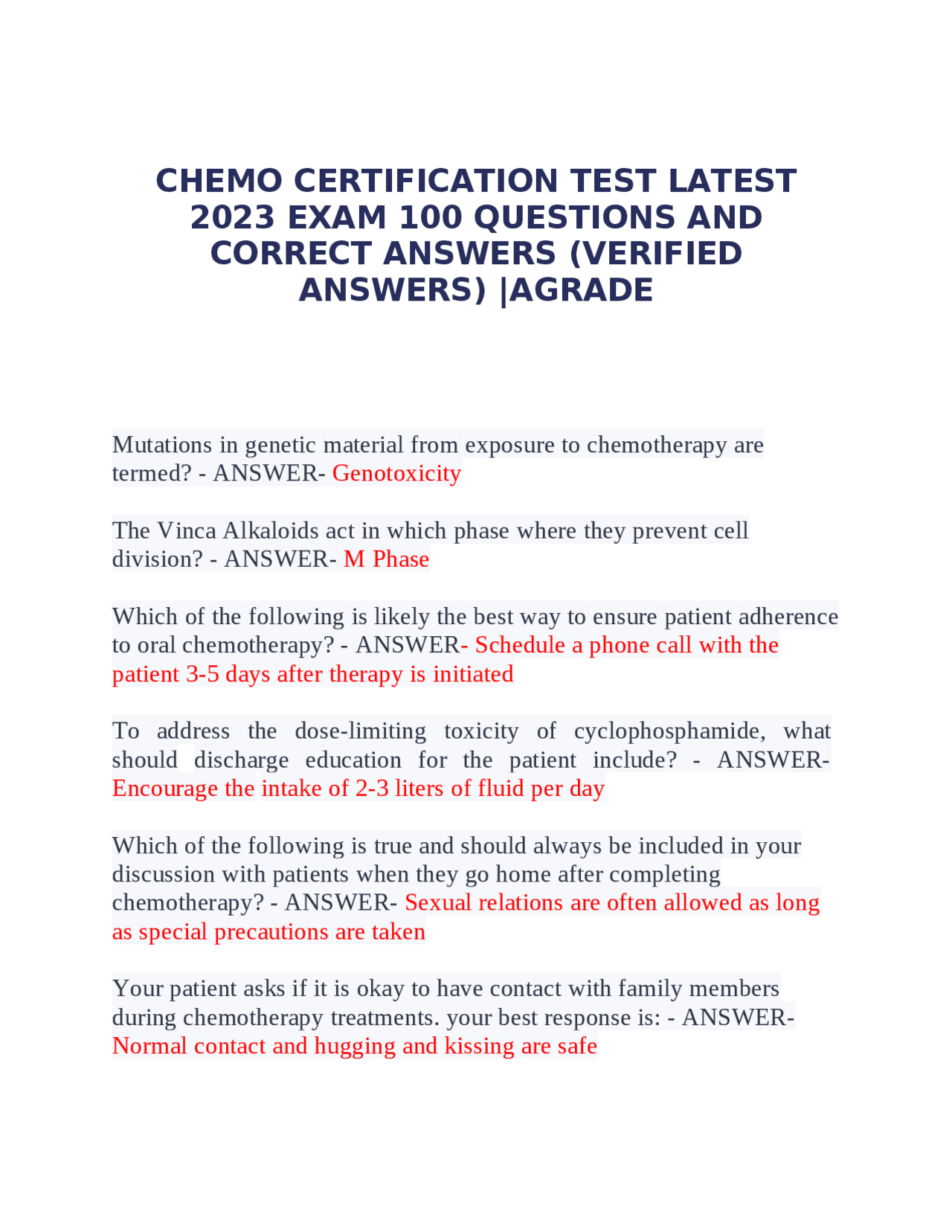 CHEMO CERTIFICATION TEST LATEST 2023 EXAM 100 QUESTIONS AND CORRECT