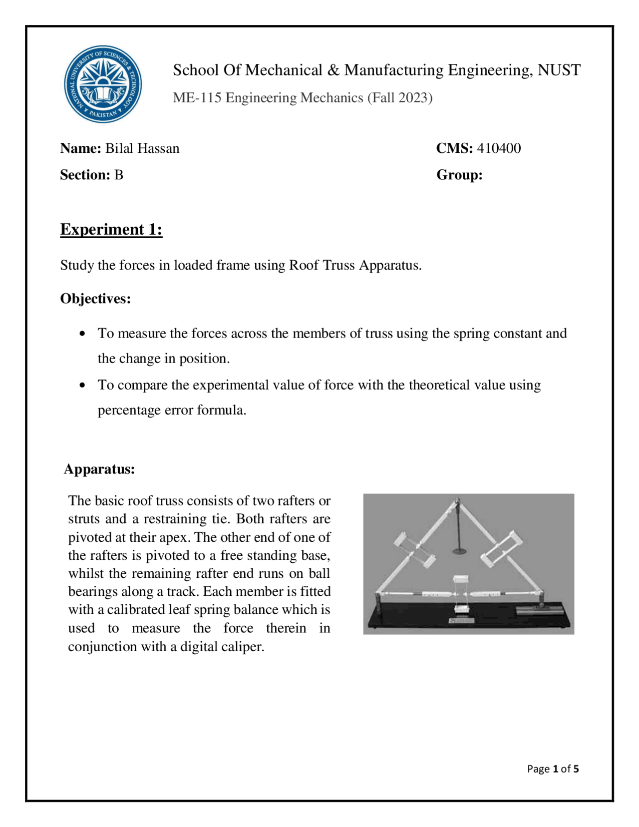 Roof Trus Apparatus Experiment | Lab Reports Experimental Physics | Docsity