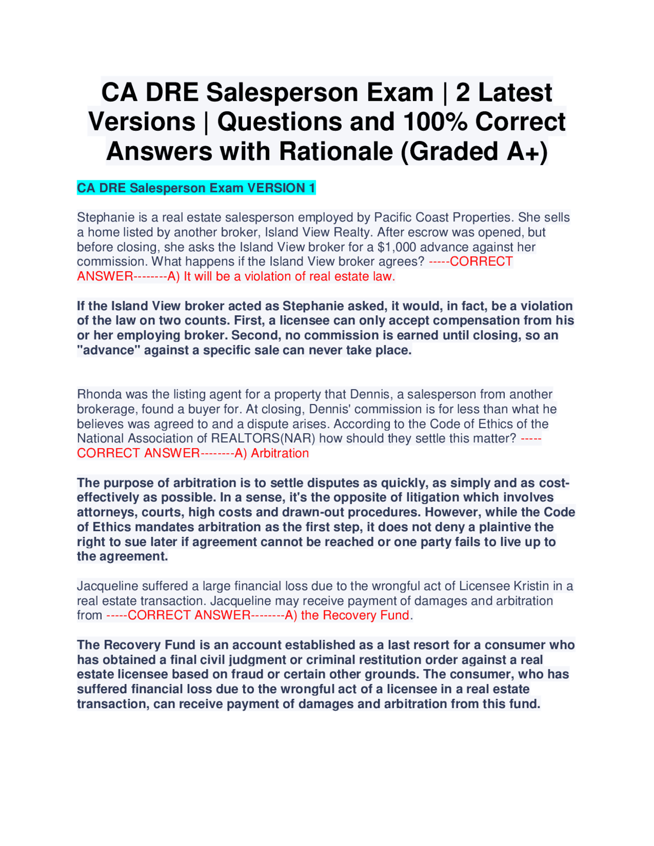 CA DRE Salesperson Exam 2 Latest Versions Questions and 100