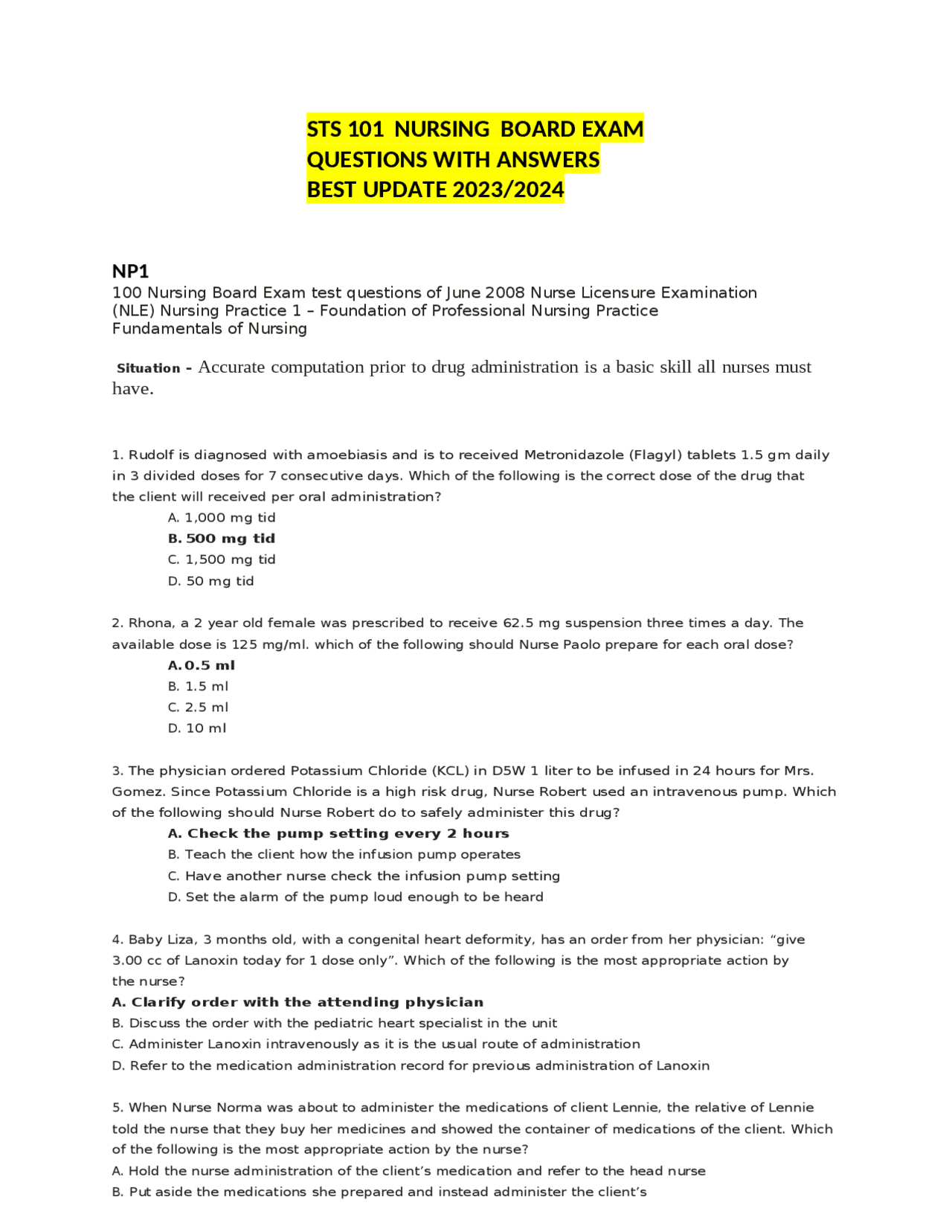STS 101 NURSING BOARD EXAM QUESTIONS WITH ANSWERS BEST UPDATE 2023/2024